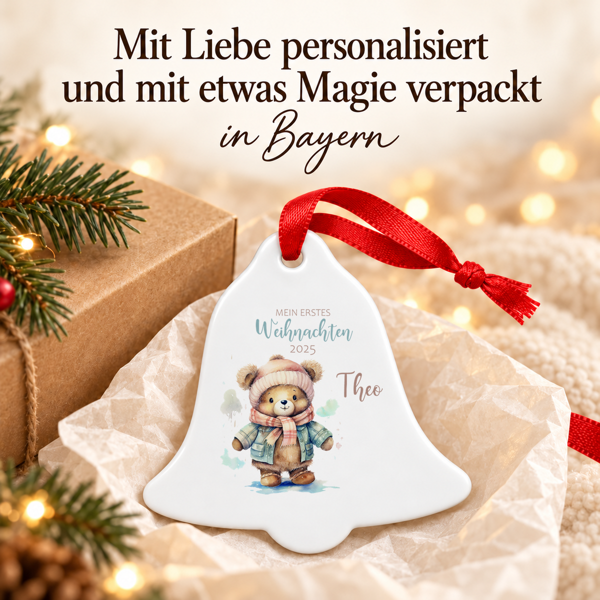 MUCKKI-PRO:c95269cc2f550ebaf4f8757682ace0660f76a4d26a5003b846211d589ed2d8ed:Weihnachtsanhänger personalisiert Teddy – mein erstes Weihnachten mit Wunschnamen – Rund, Stern, Herz oder Glocke