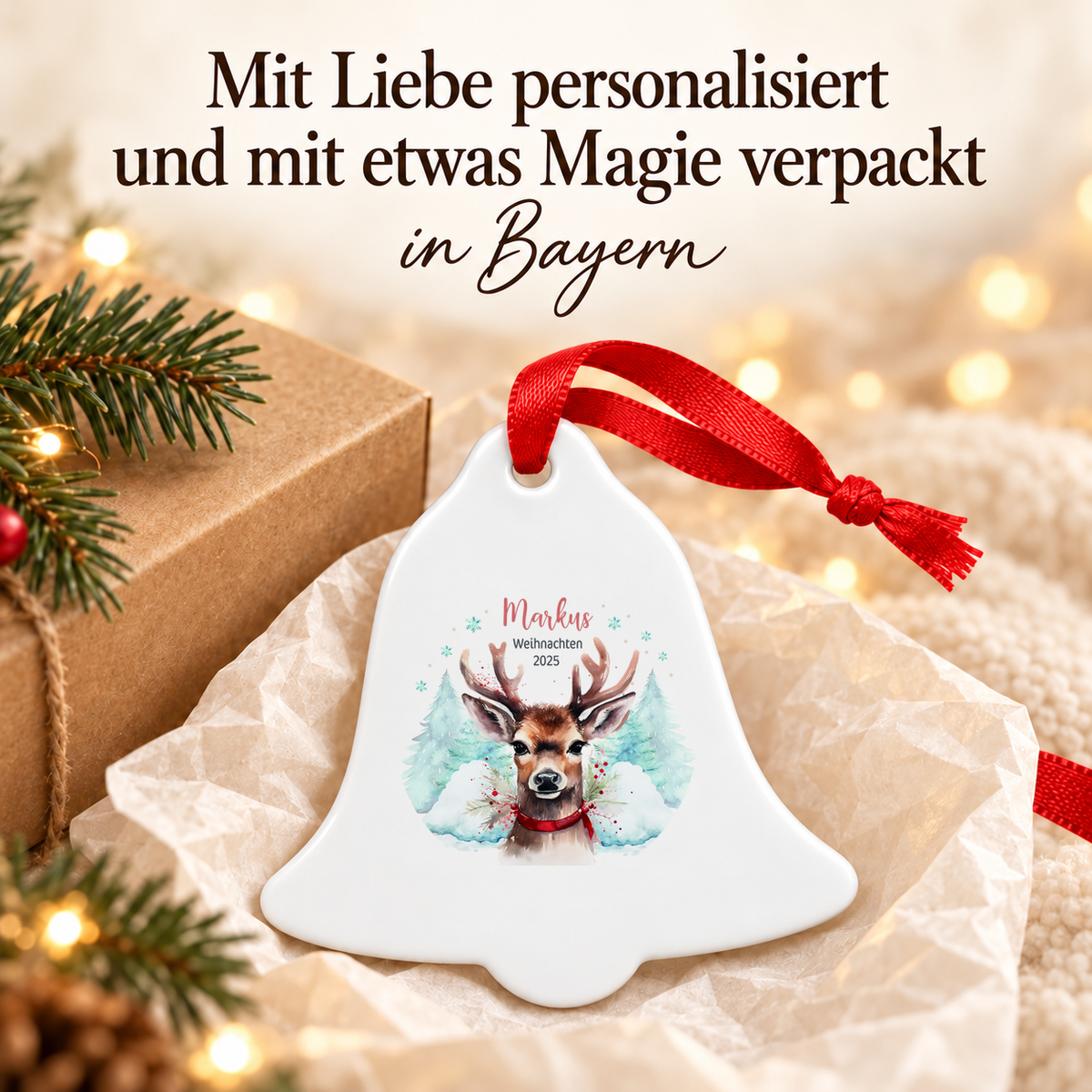 Weihnachtsanhänger personalisiert Rentier Papa mit Wunschnamen – Rund, Stern, Herz oder Glocke