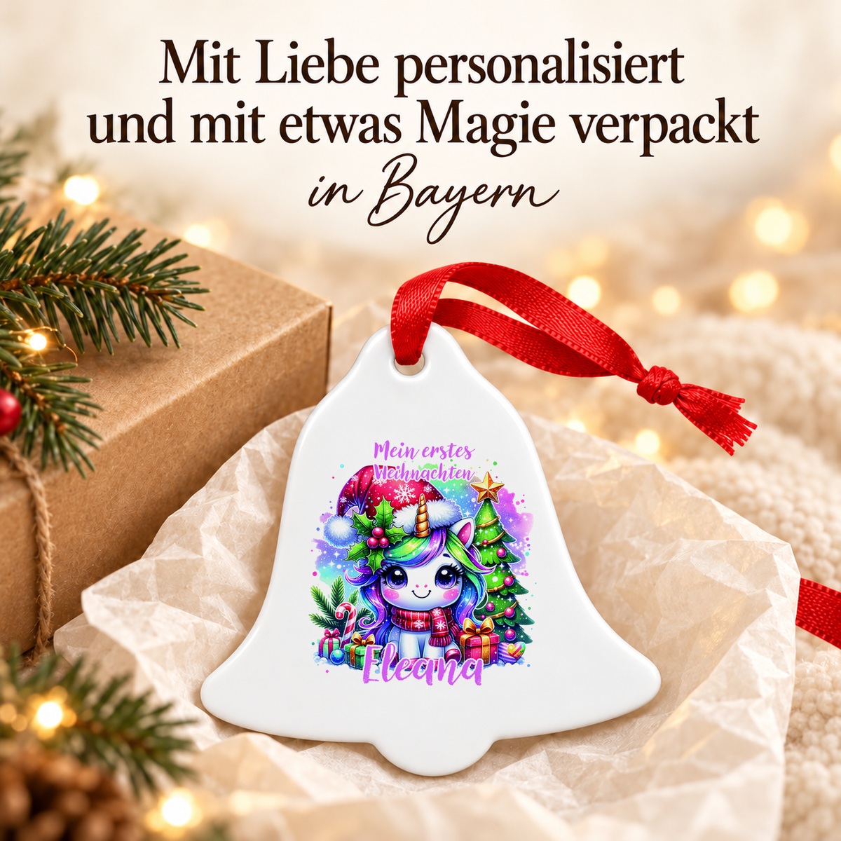 MUCKKI-PRO:f922e7b4214e44dcdb7694ad4c7ce5dc6d18511470f245167e3a4ec39874b5fa:Weihnachtsanhänger personalisiert Einhorn 2 – mein erstes Weihnachten mit Wunschnamen – Rund, Stern, Herz oder Glocke