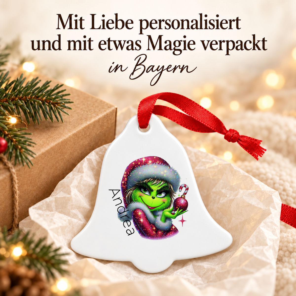 Weihnachtsanhänger personalisiert Lady-Grinch 3 mit Wunschnamen – Rund, Stern, Herz oder Glocke