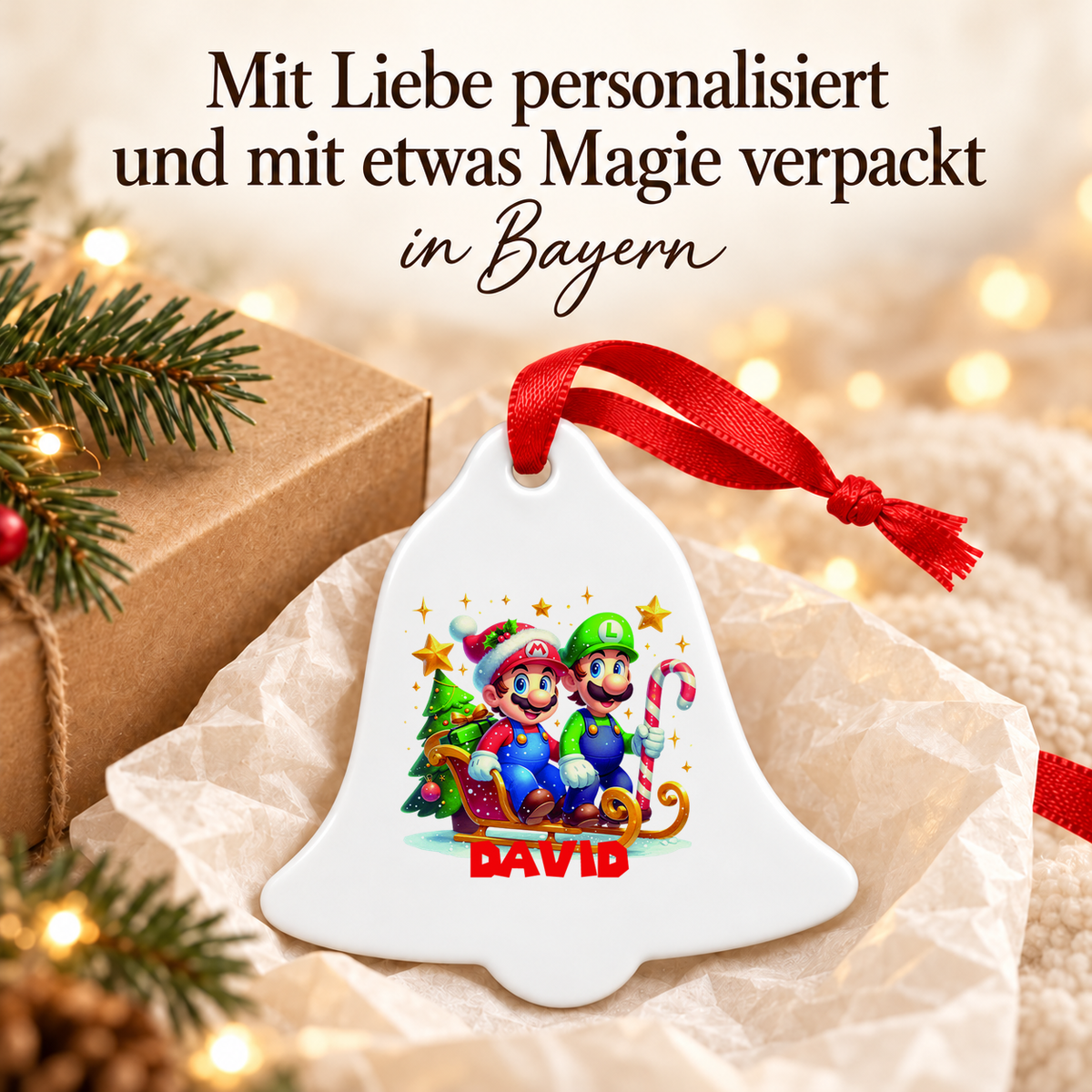 MUCKKI-PRO:d62b105e57ed681564306673bdee2e91afb9b76c4001d455837a6c660e80ae18:Weihnachtsanhänger personalisiert Super Mario mit Wunschnamen – Rund, Stern, Herz oder Glocke