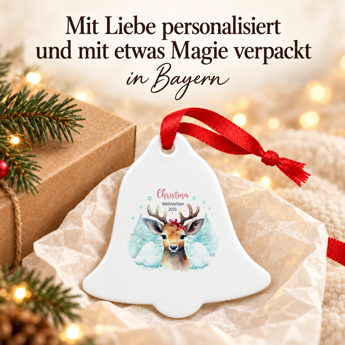 Weihnachtsanhänger personalisiert Rentier Mama mit Wunschnamen – Rund, Stern, Herz oder Glocke