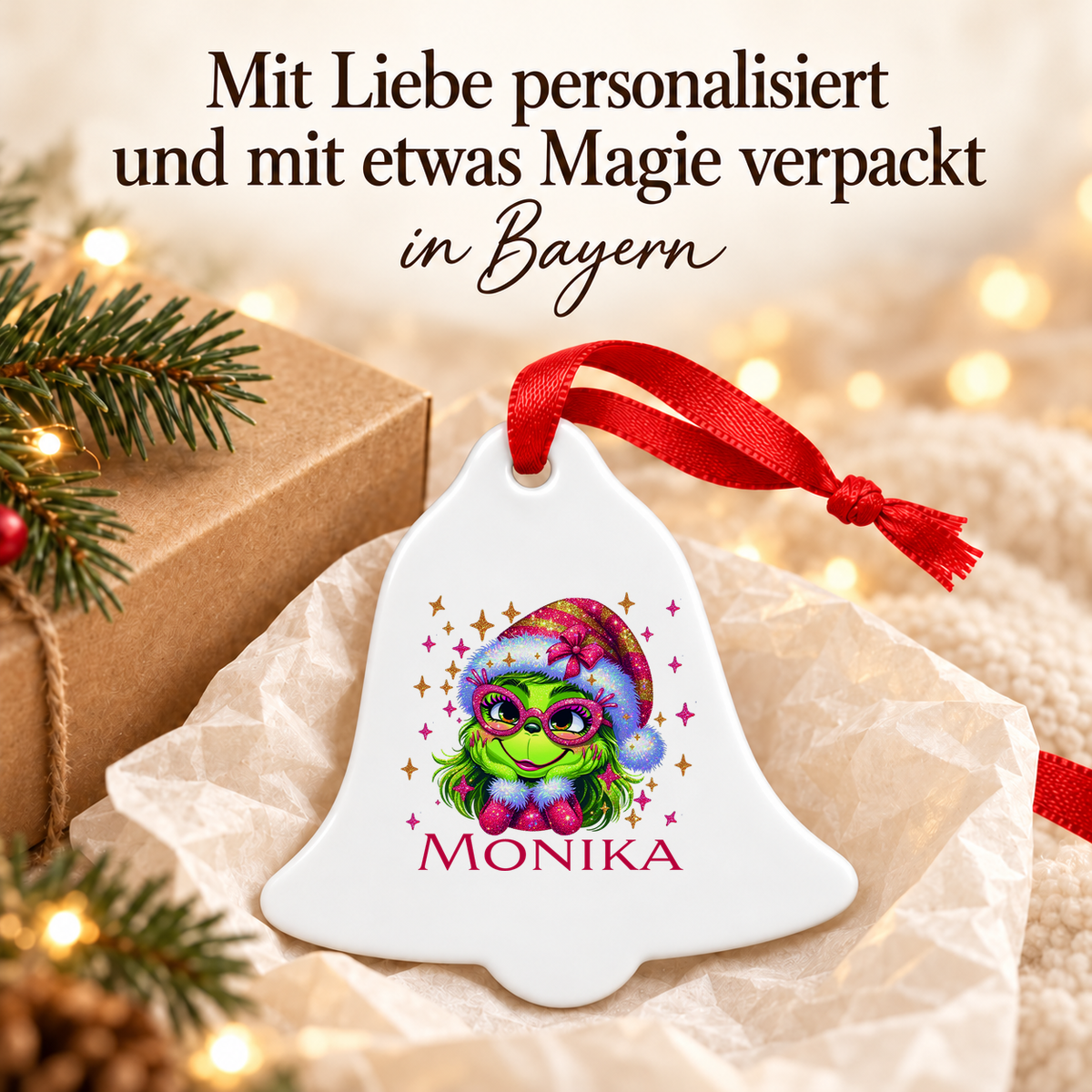 Weihnachtsanhänger personalisiert Lady-Grinch 1 mit Wunschnamen – Rund, Stern, Herz oder Glocke