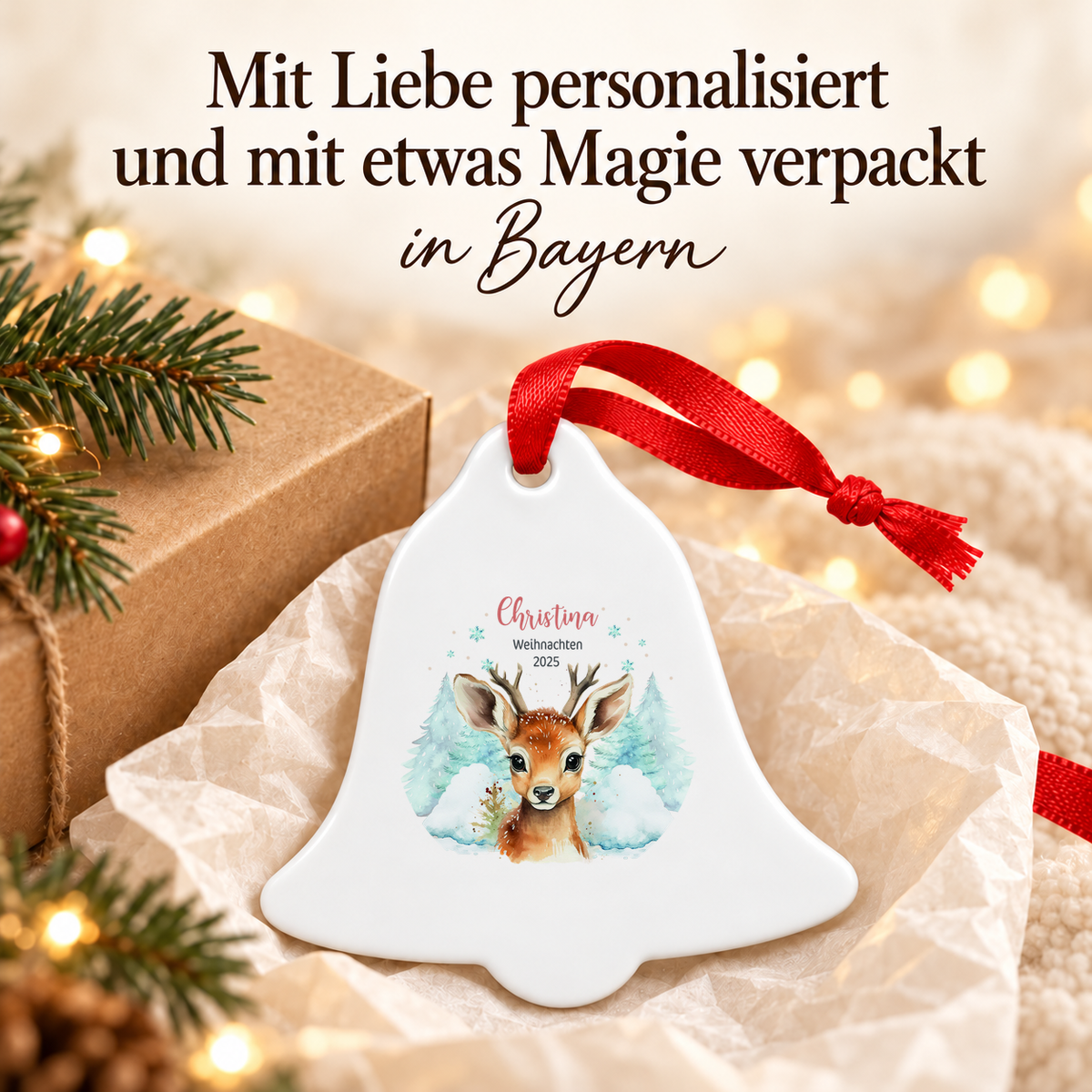 MUCKKI-PRO:7cc621270ae65b7883e477b88776b49a1d71cb29ebe2b34aeb3aea6495bc3725:Weihnachtsanhänger personalisiert Rentier Kind mit Wunschnamen – Rund, Stern, Herz oder Glocke