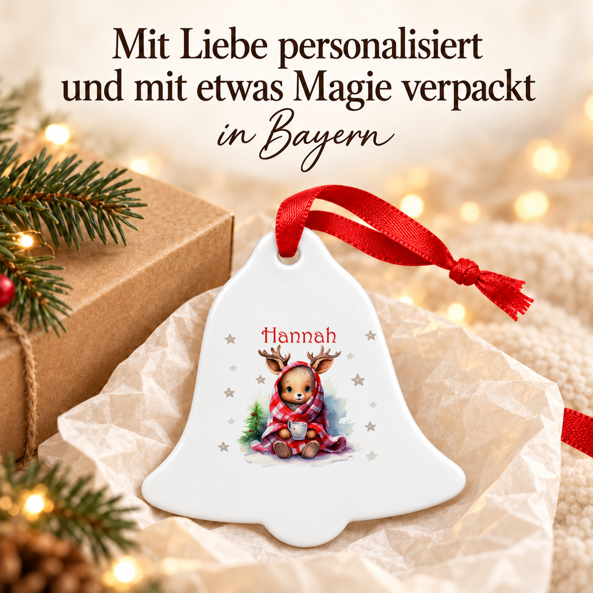 MUCKKI-PRO:04cc03909c58ea8bccf8dc8d9368513350817e2057d8b98447ef50a7989a0a3d:Weihnachtsanhänger personalisiert Reh Sterne mit Wunschnamen – Rund, Stern, Herz oder Glocke