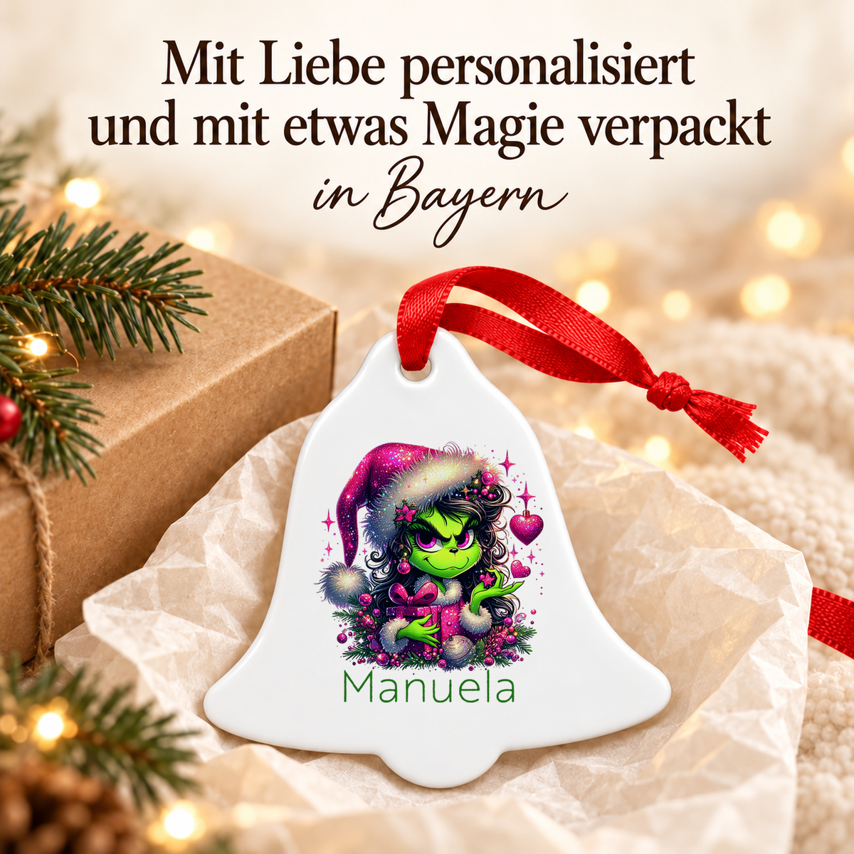 Weihnachtsanhänger personalisiert Lady-Grinch 2 mit Wunschnamen – Rund, Stern, Herz oder Glocke