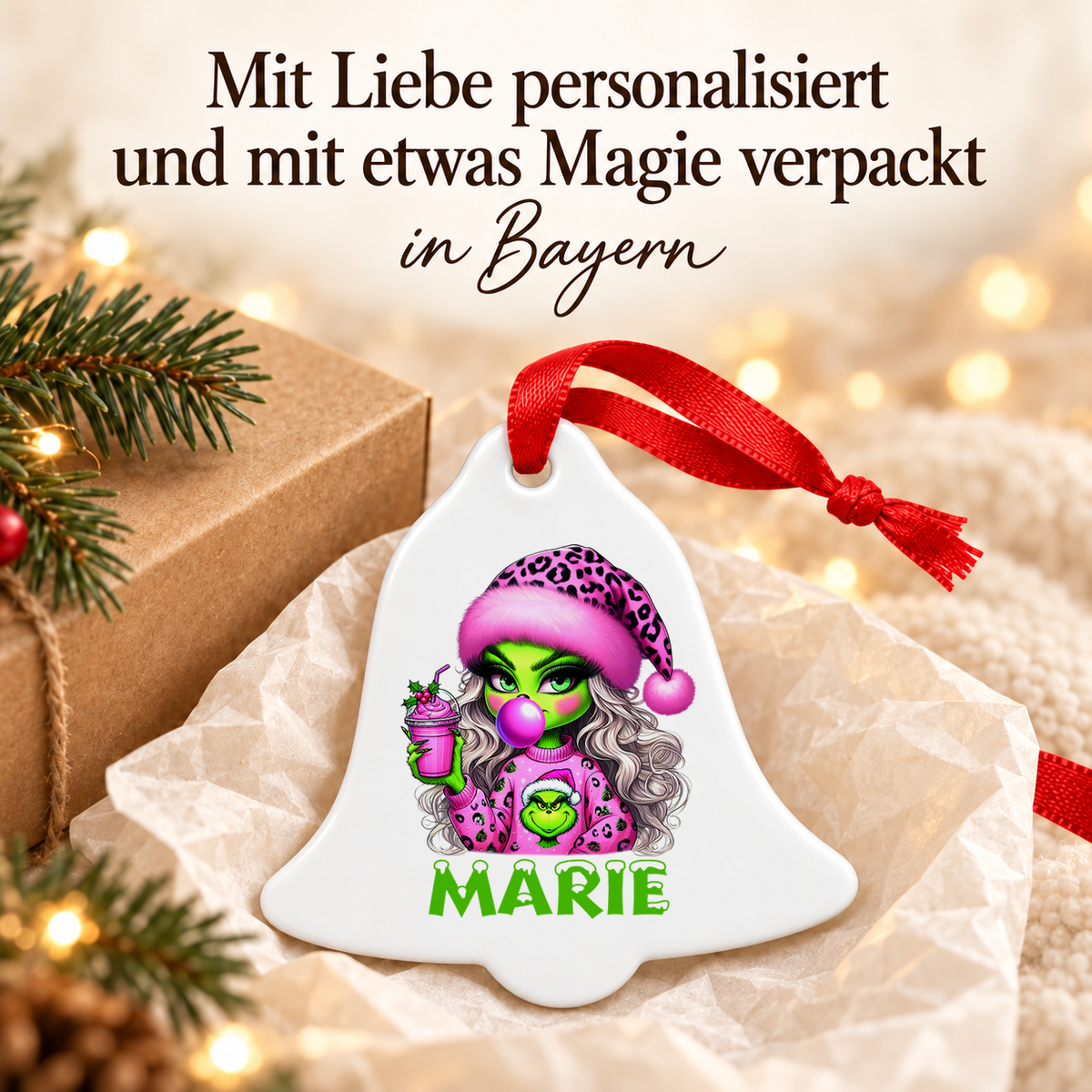 Weihnachtsanhänger personalisiert Lady-Grinch 5 mit Wunschnamen – Rund, Stern, Herz oder Glocke