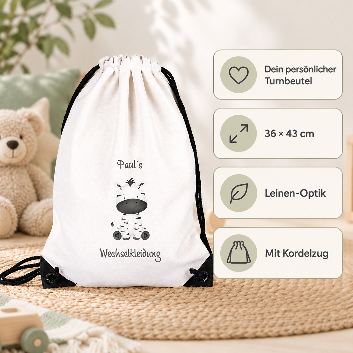 MUCKKI-PRO:92d0dfbbb38138254608aa5076cf70a82e8044c374dd3a1b2c8f29ac96604b8f:Turnbeutel für Kinder Wechselkleidung-Zebra 1  Personalisiert mit Namen inkl. schwarzem Kordelzugband
