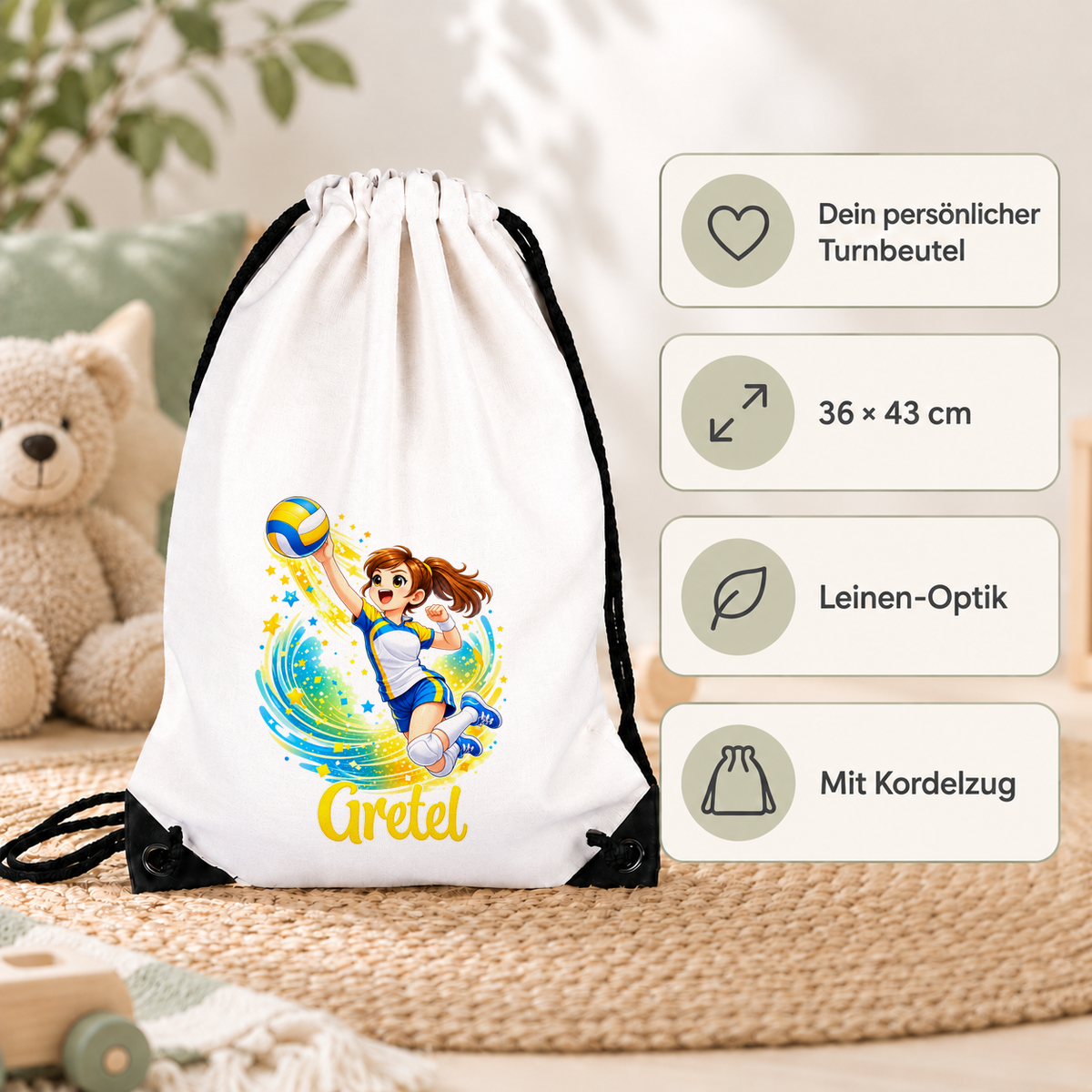 MUCKKI-PRO:2abafce8afd4562eddf089c1102ef6fec4135cde922a4745c6e42f1f0fb20124:Turnbeutel Volleyball 1 mit Wunschname personalisiert