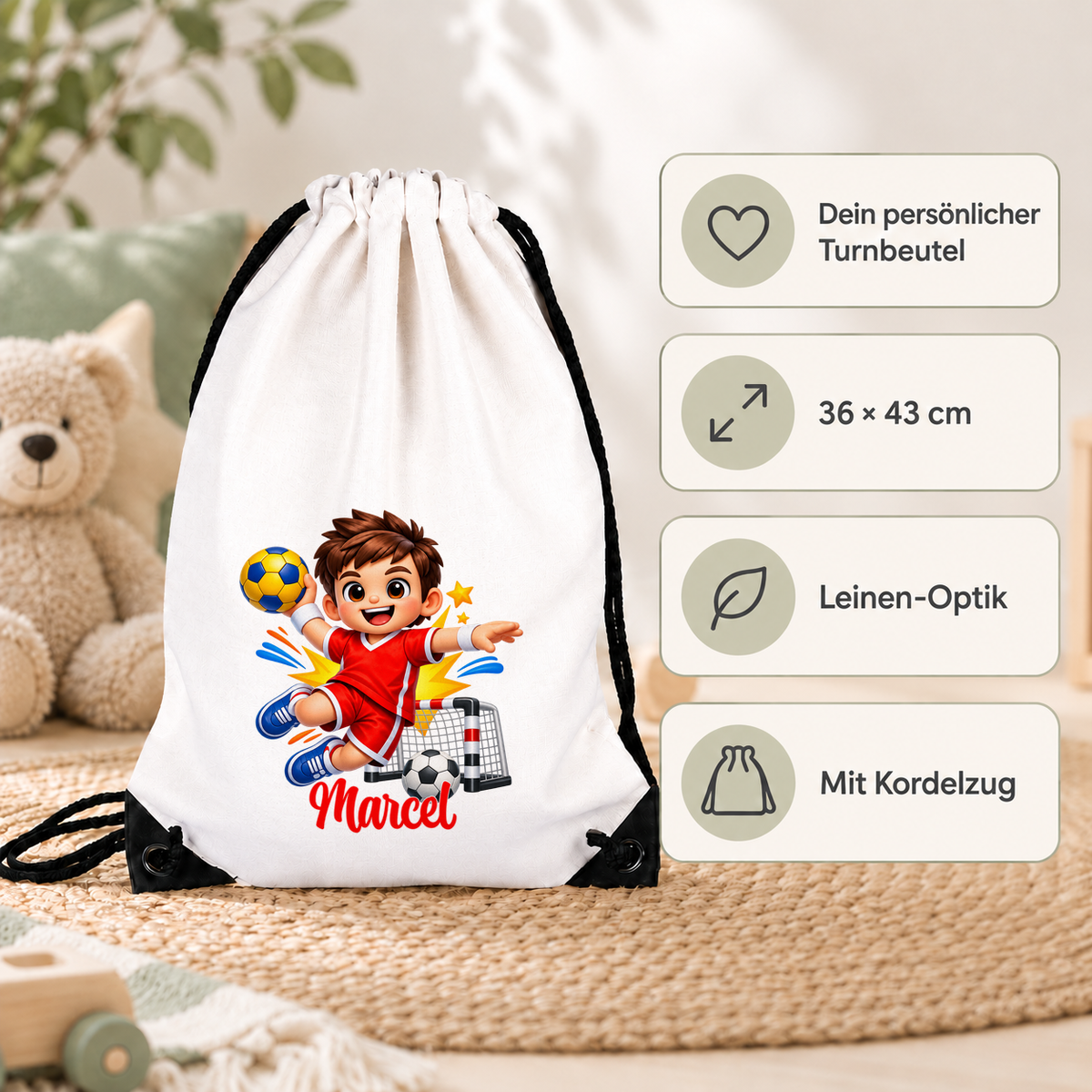 MUCKKI-PRO:b6f7d9c93c0f33487df4b5accc13a2680585e02709398b71caa5ad0b52dd4670:Turnbeutel Handball 1 mit Wunschname personalisiert