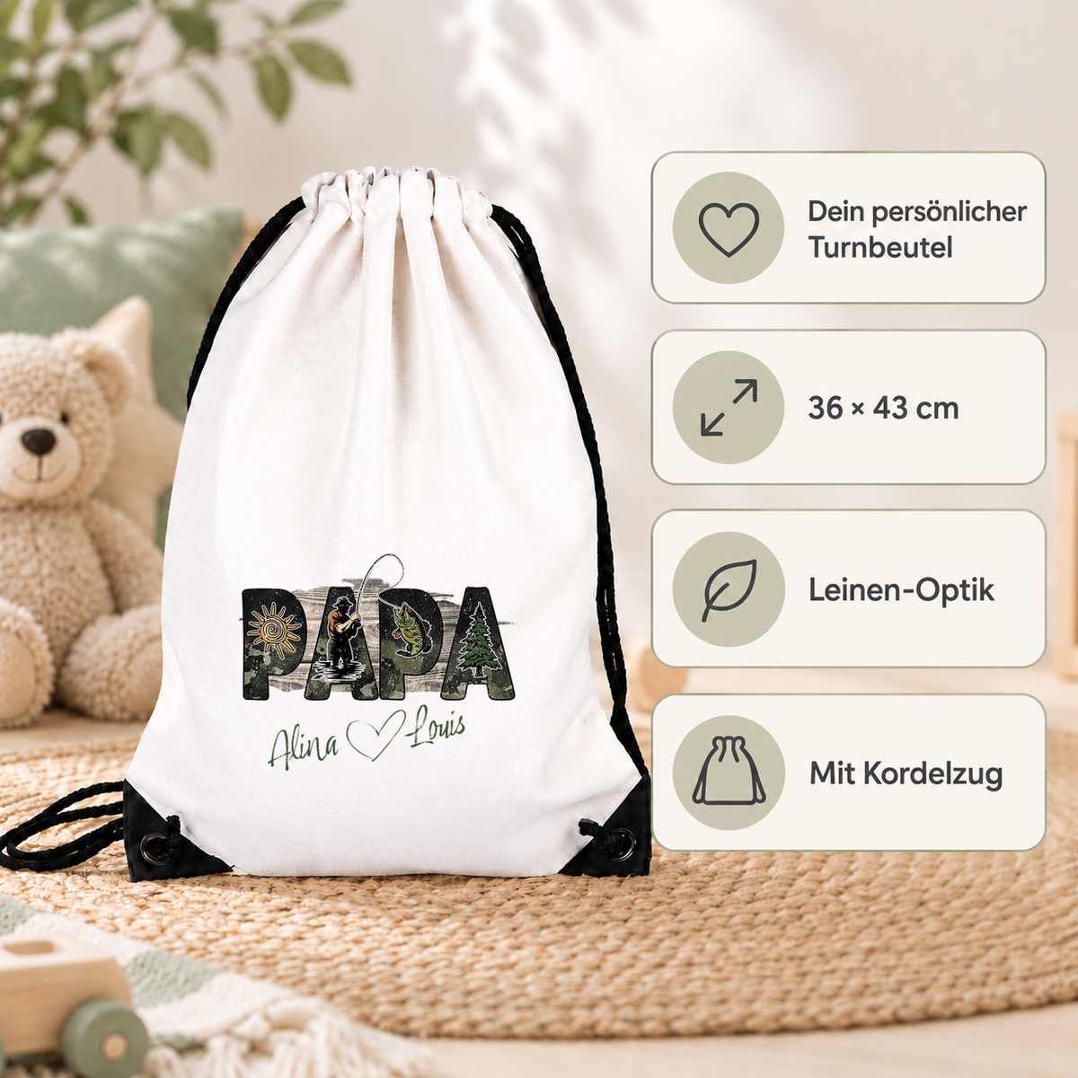 MUCKKI-PRO:3cbcadc8a801beaed8fd14f6210bc72ad3a0a7fdd7ab8fb2e2028d2166702351:Turnbeutel Papa Angler mit Wunschnamen personalisiert