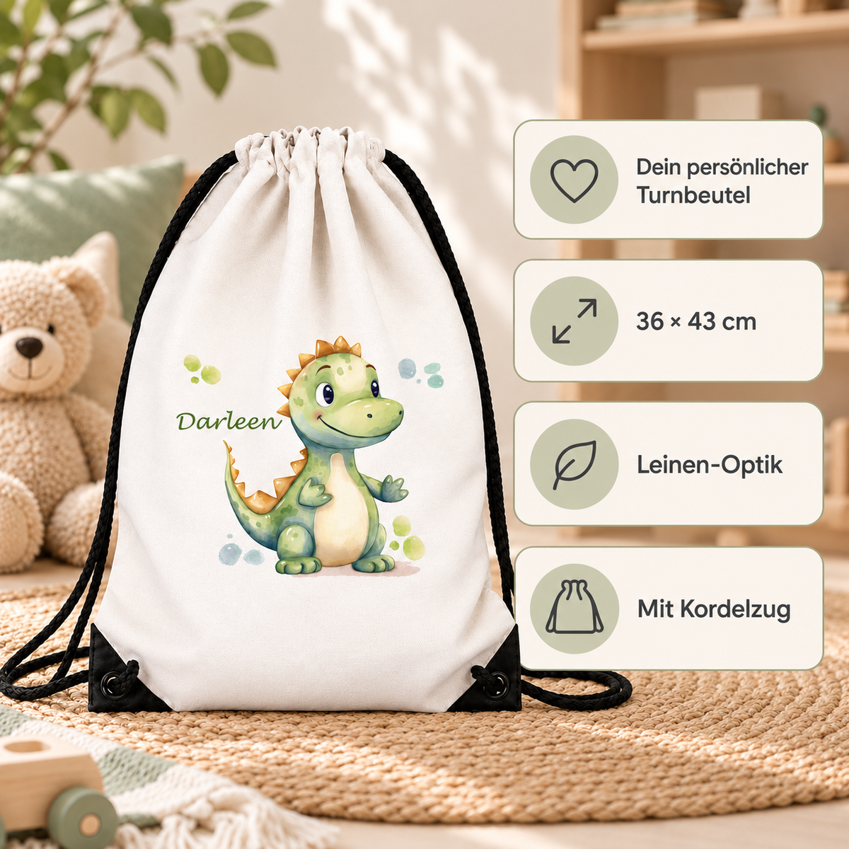 MUCKKI-PRO:278c1fb31560ef6b2626f50d17715ca0907ab08caccee681f4dd5818463fe3bd:Turnbeutel Dino 1 mit Wunschname personalisiert