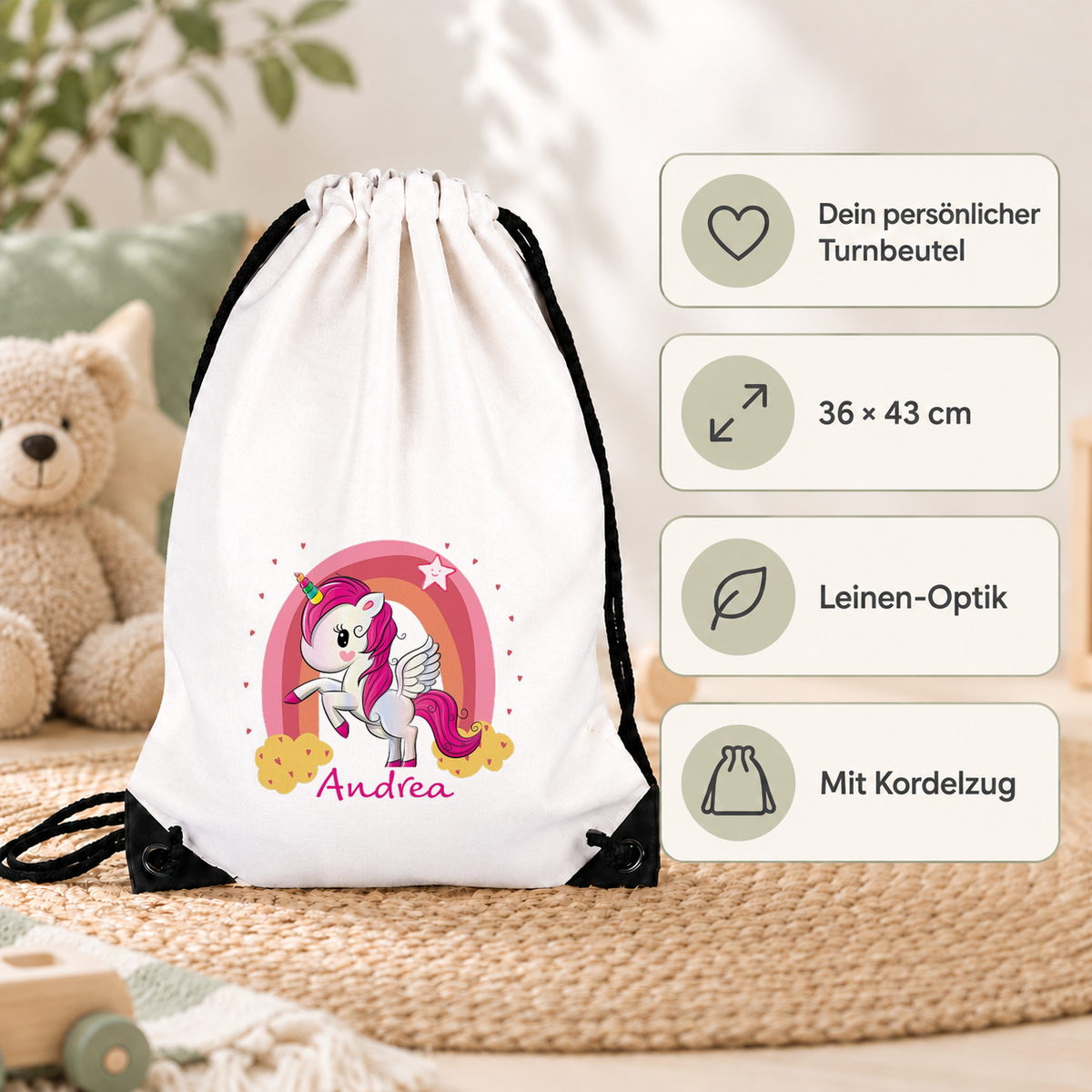 MUCKKI-PRO:562fce5bb51c23b5fafe9f2732eb98490b68a8d064d5b41cc56477701b449a77:Turnbeutel Regenbogen-Einhorn 1 mit Wunschname personalisiert