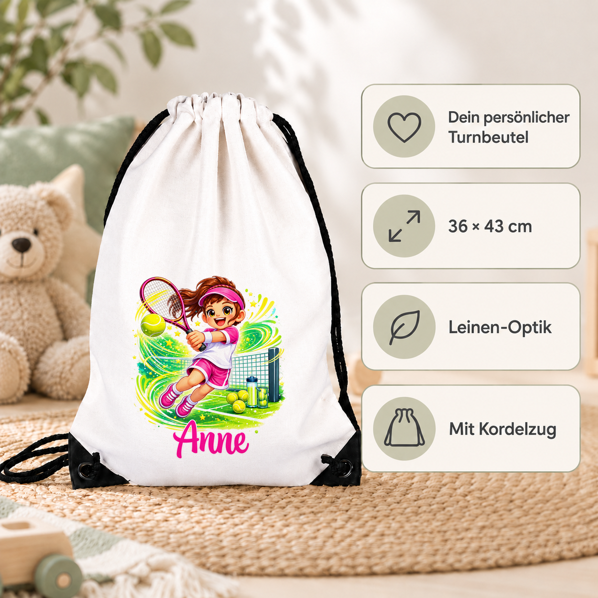 MUCKKI-PRO:b3fc0d7487c3aea10d2be355732071ceabf54d34624fcb78dc7360994973ed95:Turnbeutel Tennis 2 mit Wunschname personalisiert