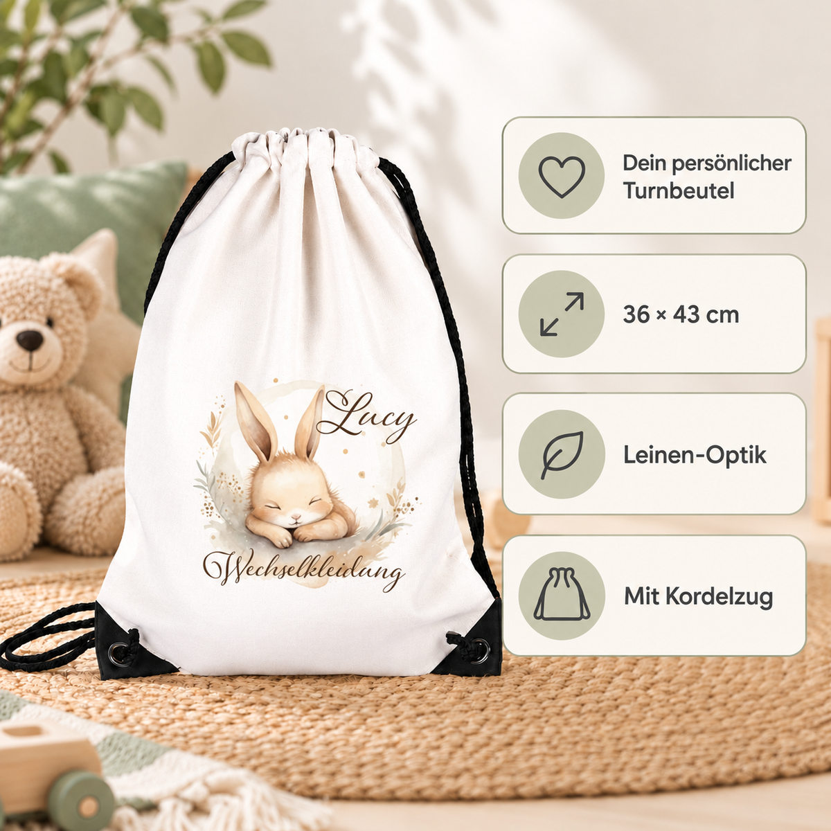 MUCKKI-PRO:132ca7b0f6af3088aebfeab848a0e6a010769645e54955c4a6da3816a9094206:Turnbeutel für Kinder Wechselkleidung-Hase 1  Personalisiert mit Namen inkl. schwarzem Kordelzugband