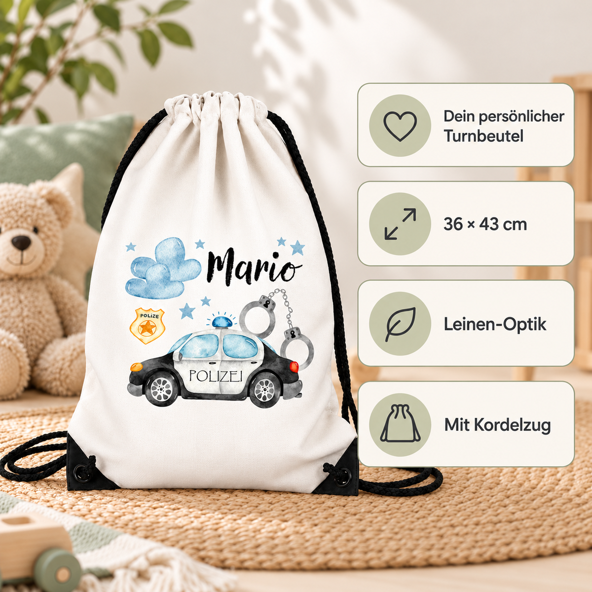 MUCKKI-PRO:85ec98a5e0482cc5ab4babeccf7822592805c23ece8104cc64c1b74577c3a451:Turnbeutel Polizei 1 mit Wunschname personalisiert