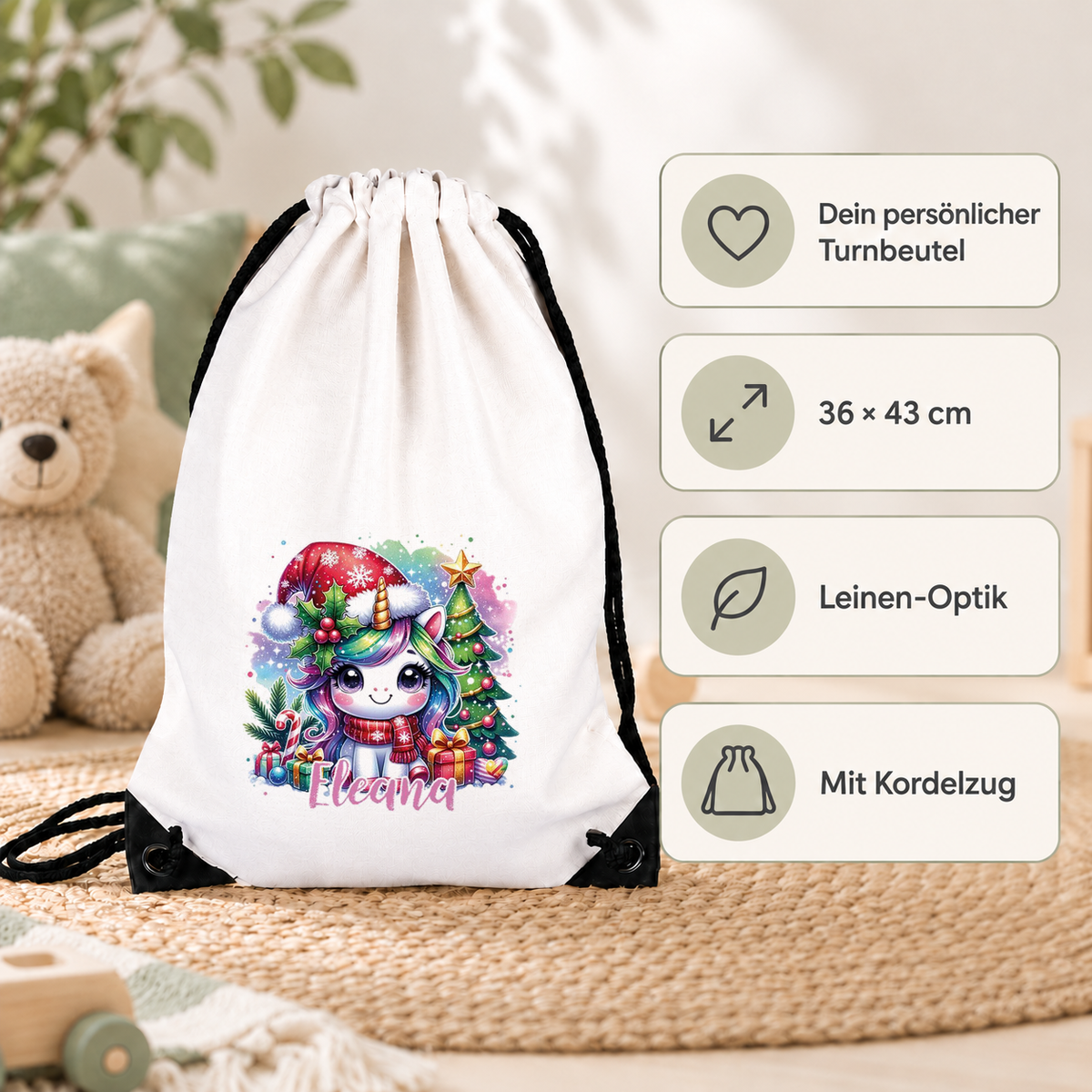 MUCKKI-PRO:e1c9c37af70df182039302b4285f12b9bead7c94b989ba9a4319884d506eb521:Turnbeutel Weihnachts-Einhorn 1 mit Wunschname personalisiert