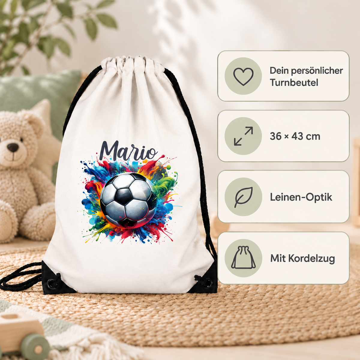 MUCKKI-PRO:a958c09278ae7b47b847341f55b7af2dc720a7af8599e46d788594efc7db440b:Turnbeutel Fußball 12 mit Wunschname personalisiert – 36 × 43 cm
