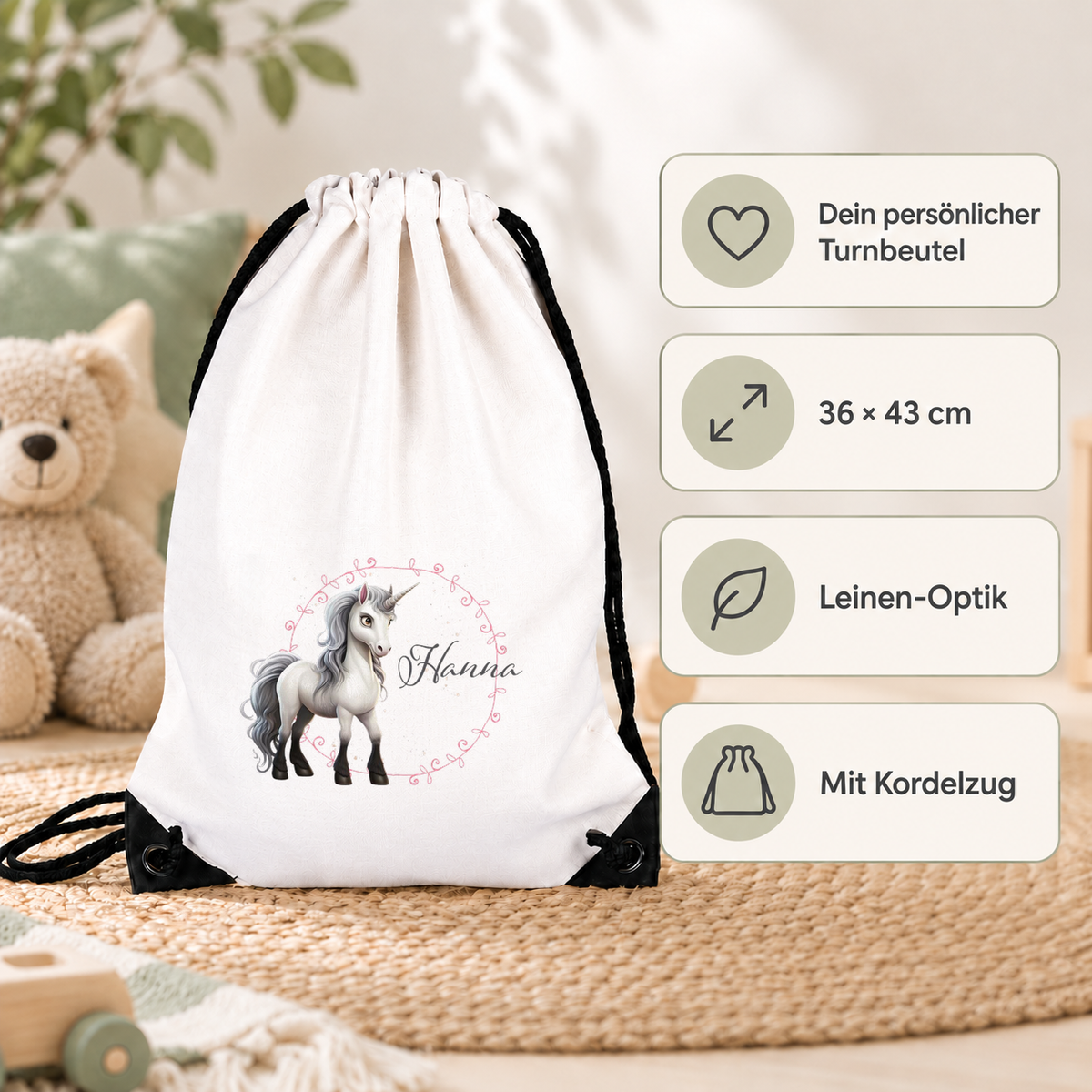 MUCKKI-PRO:27e791eb24e01f87504efac587cb34979e3e3f918a467c356dcb679c9a845095:Turnbeutel Einhorn 6 mit Wunschname personalisiert