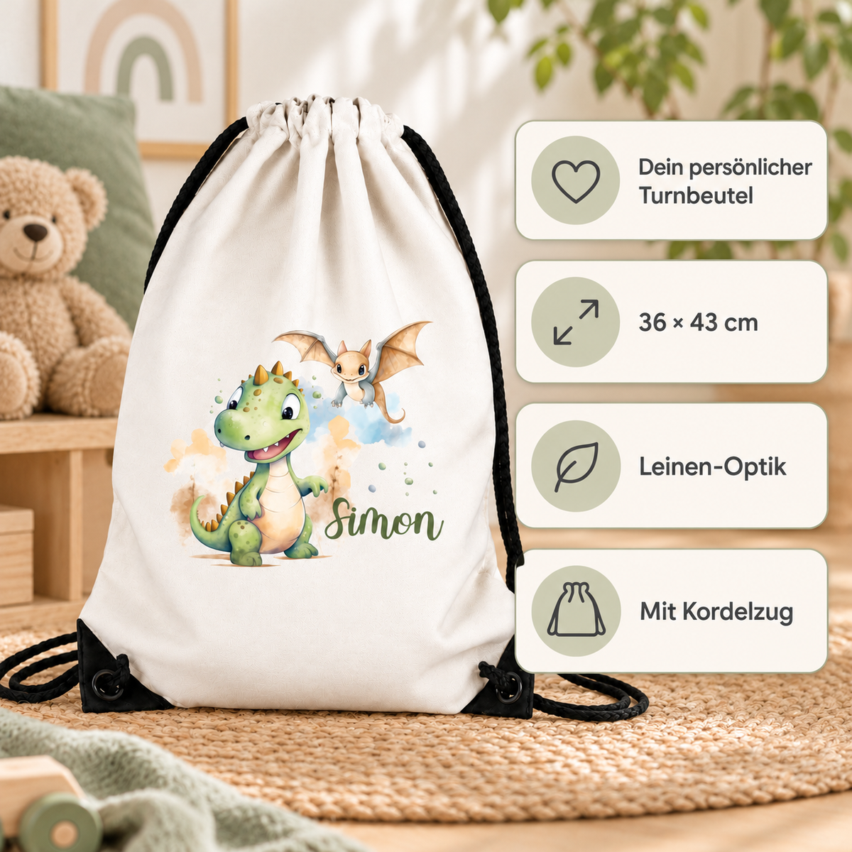 MUCKKI-PRO:779a7aa4f3c58411daed9e0eb6d8d38952617d4f6d064059337f190b48ac1d69:Turnbeutel Dino 6 mit Wunschname personalisiert