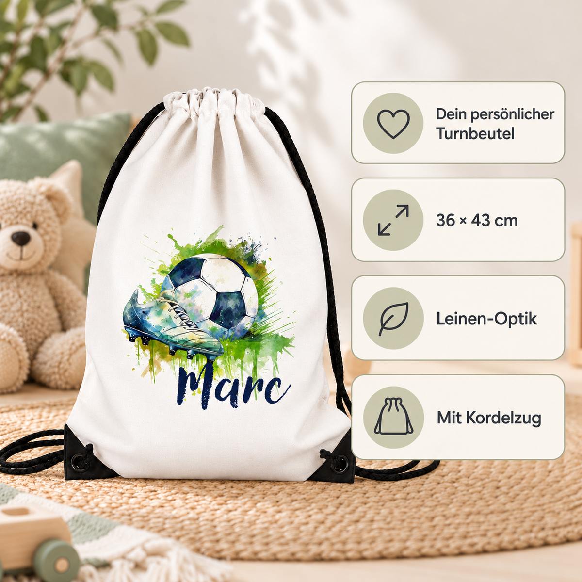 MUCKKI-PRO:79b61dd4a965cbfd9aa7d686b96852e0d3373310f2696b9cad95c7e983354bfb:Turnbeutel Fußball 4 mit Wunschname personalisiert – 36 × 43 cm