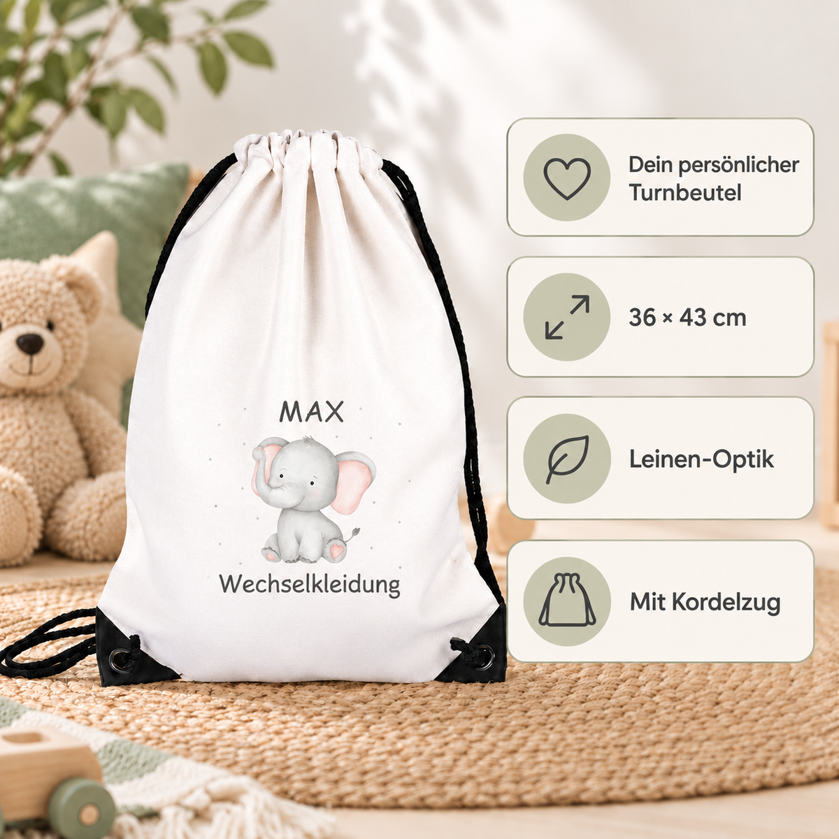 MUCKKI-PRO:d696088df9be8735c6adedb0797cd7c2117ec291ad42a7c49bfeedb63979c80a:Turnbeutel für Kinder Wechselkleidung-Elefant 1  Personalisiert mit Namen inkl. schwarzem Kordelzugband