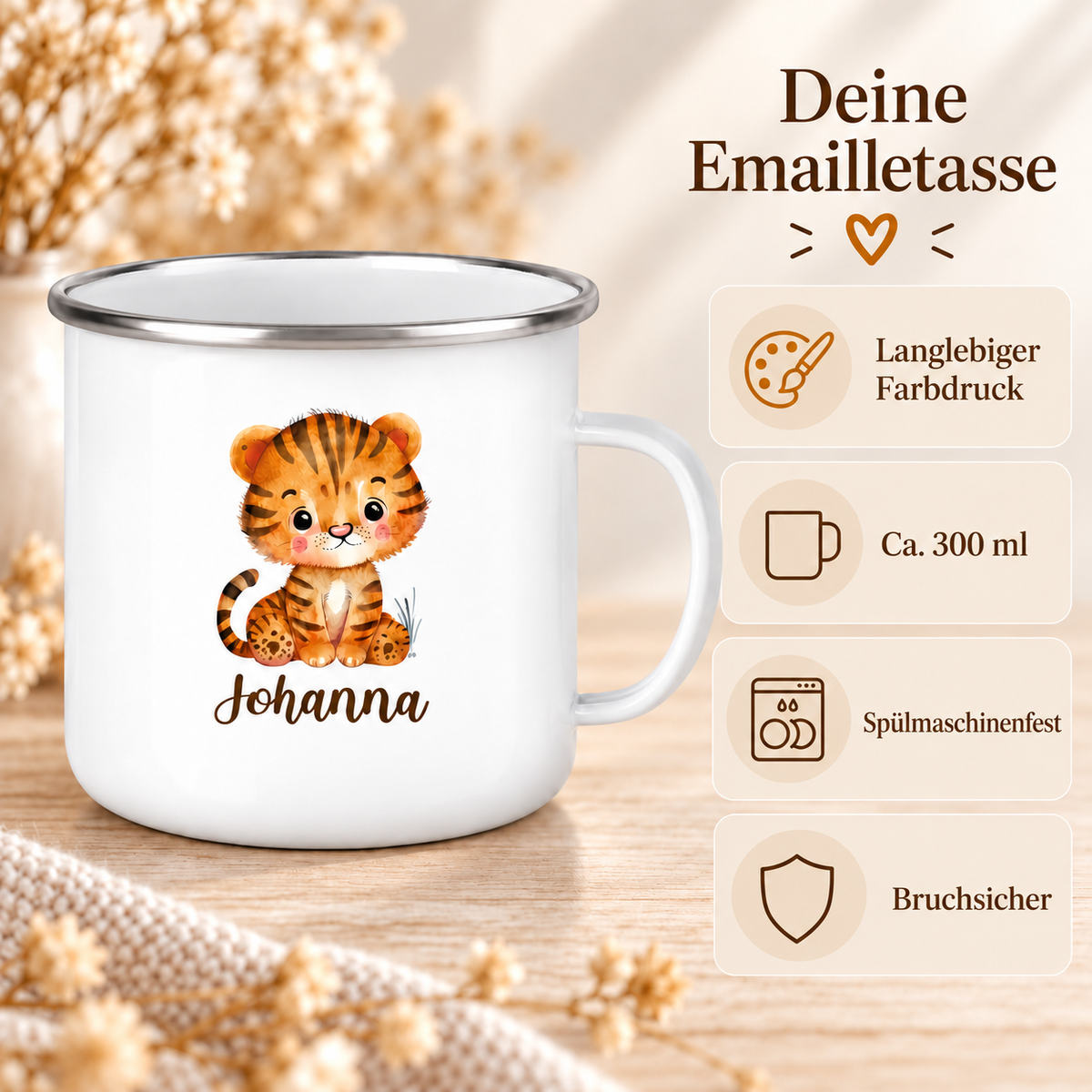 MUCKKI-PRO:dbe1e5e17595e0c0b6bbbe03a0b3e735af0b98b30c0aa55a2e4825bec2c3039b:Tasse Wunschname Tiger 1 Emaille Kinderbecher