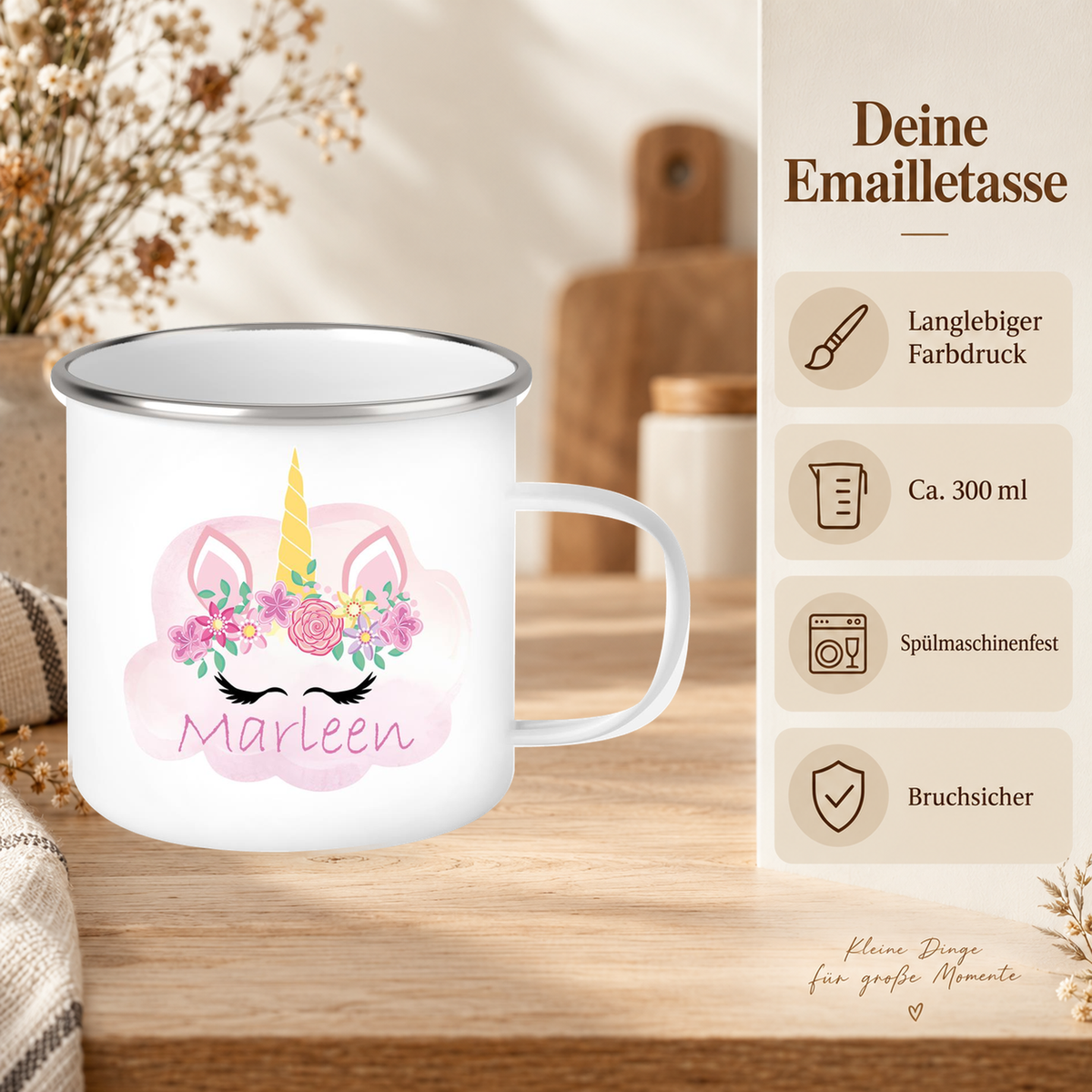 MUCKKI-PRO:383afd6dca33e1e4c608c0aaeebe5cb2e30d49b693077f86c644f558a8acb291:Tasse Einhorn 5 Wunschname Emaille Kinderbecher personalisiert