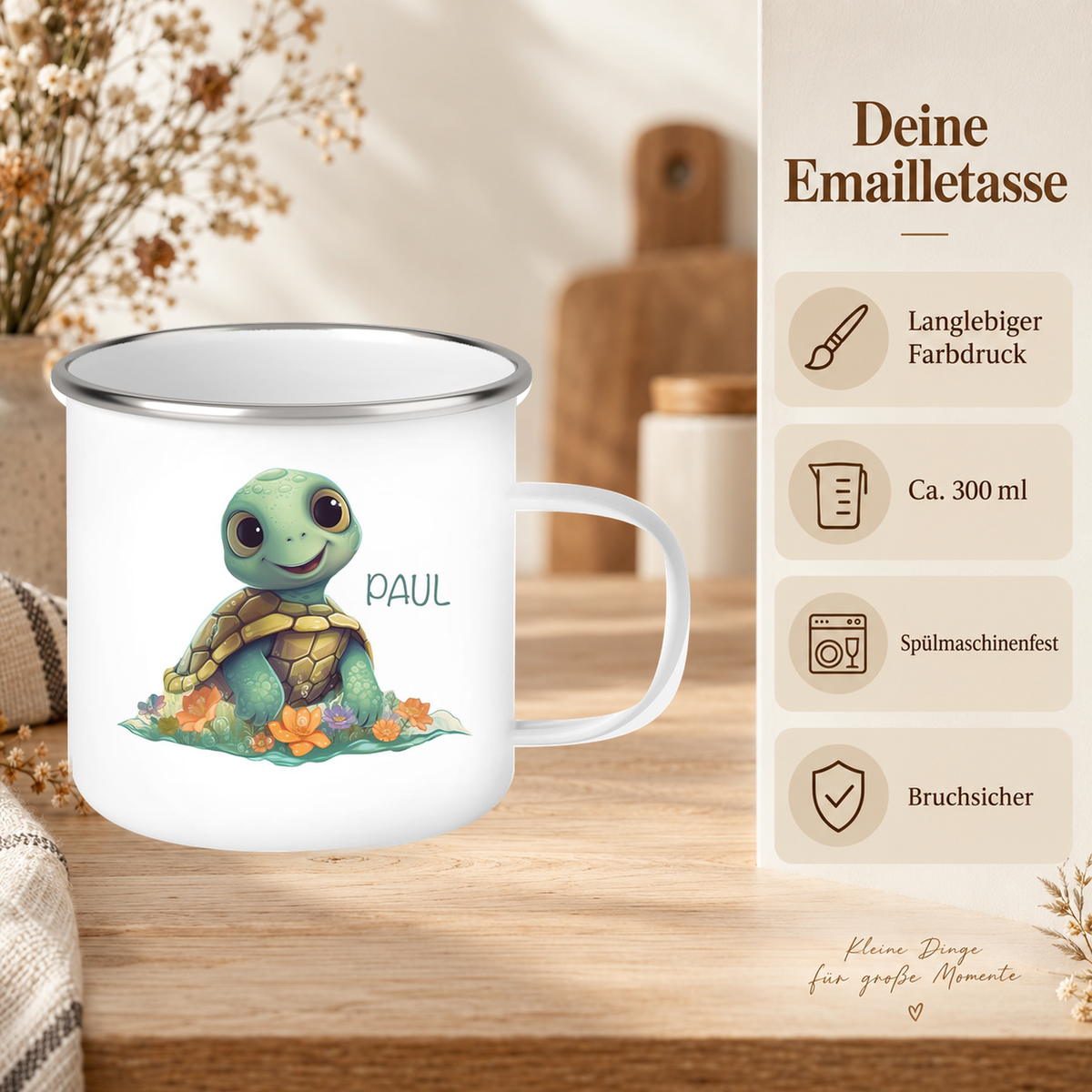 MUCKKI-PRO:466502fbd5777379675d2fd149e2a33d845ec88170302f94b503914a182b9d18:Tasse Wunschname Schildkröte 1 Emaille Kinderbecher personalisiert