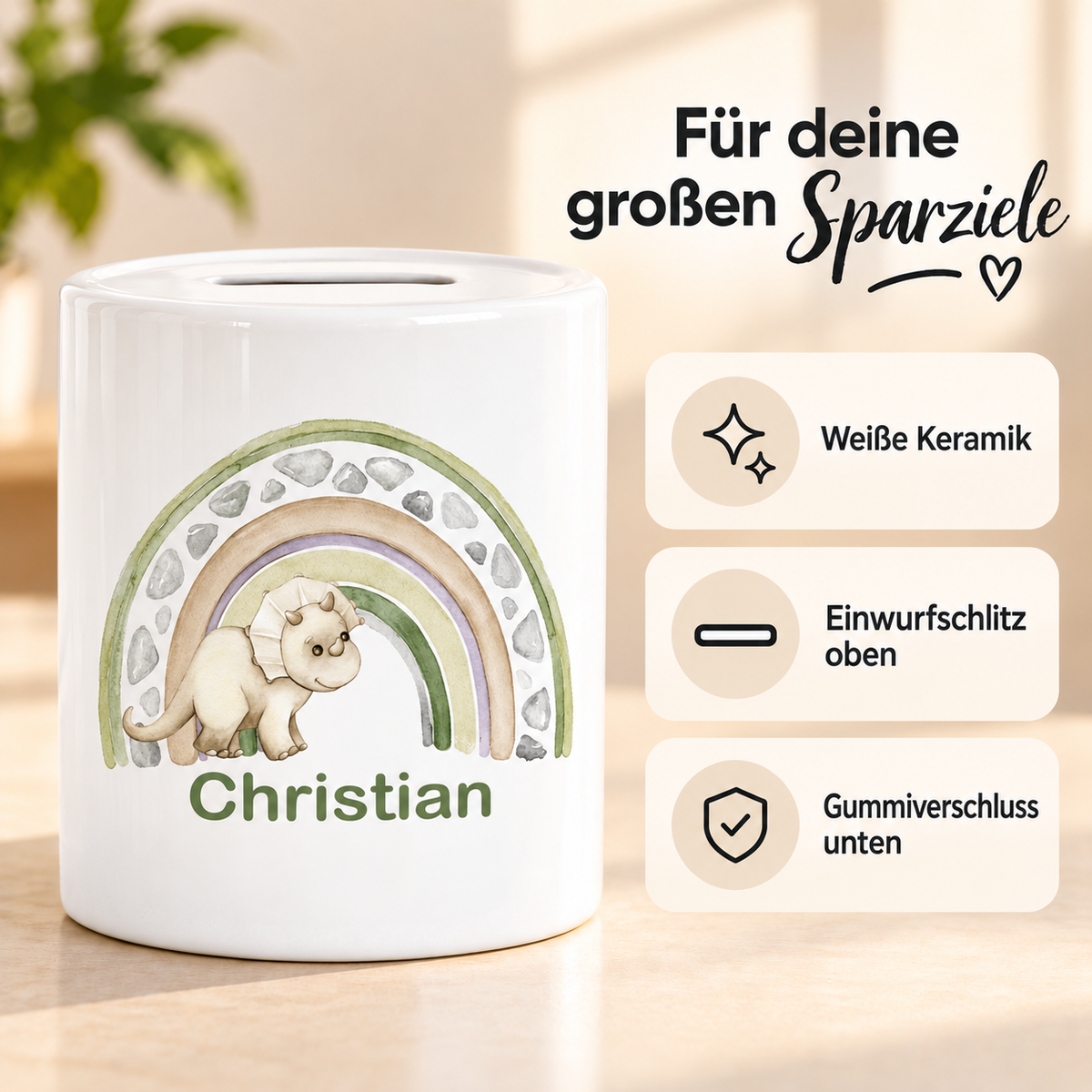 MUCKKI-PRO:ef6f8cdb25a6cdd7bd47e34154c159bb6a3912108a23527a54b5b33729d8fda0:Spardose mit Wunschname Regenbogen-Dino personalisiert