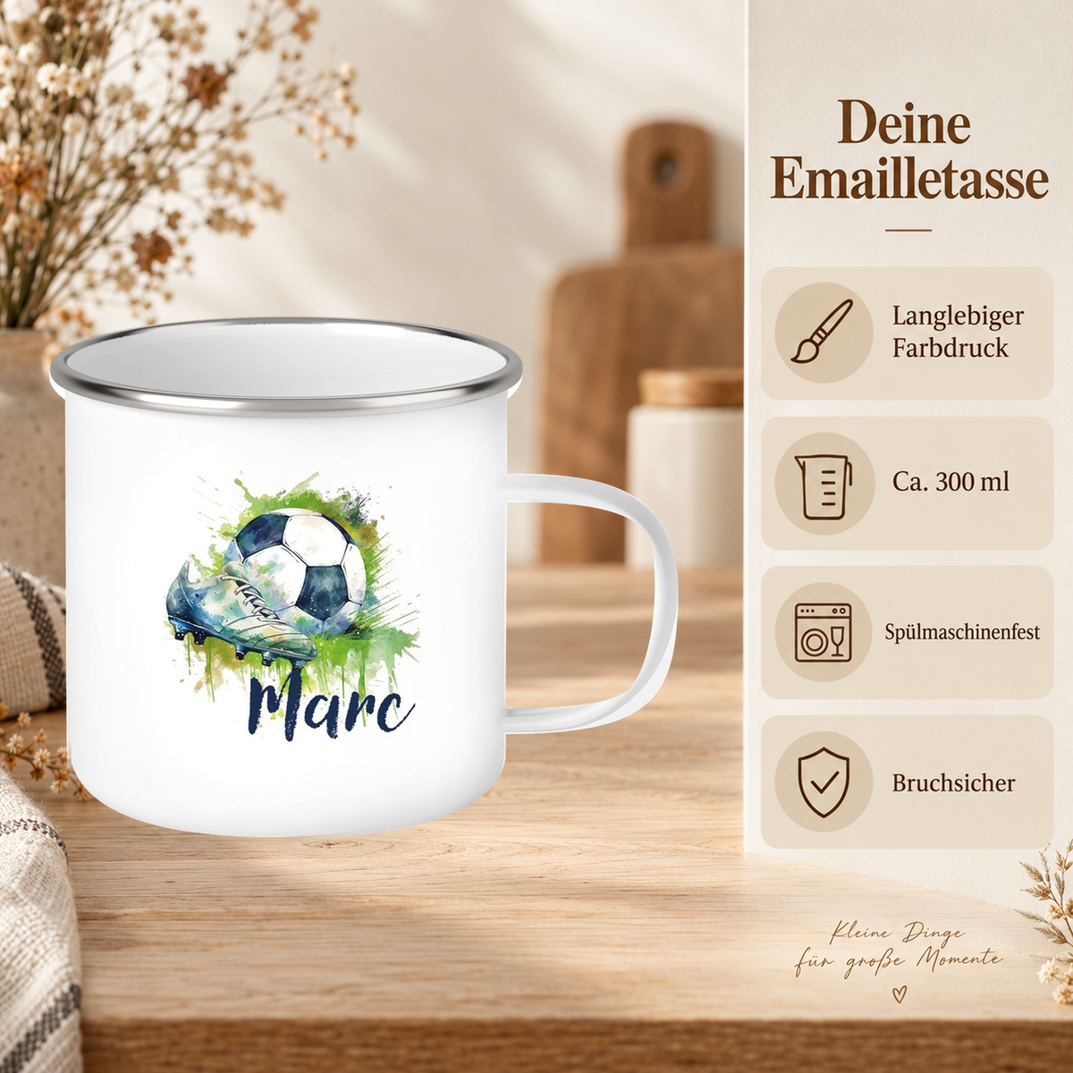 MUCKKI-PRO:0b580dbe919b49ebb2ecabfd2a4531851322c6663c9aa1a3089bd41693b301ef:Tasse Fußball 4 Wunschname Emaille Kinderbecher personalisiert