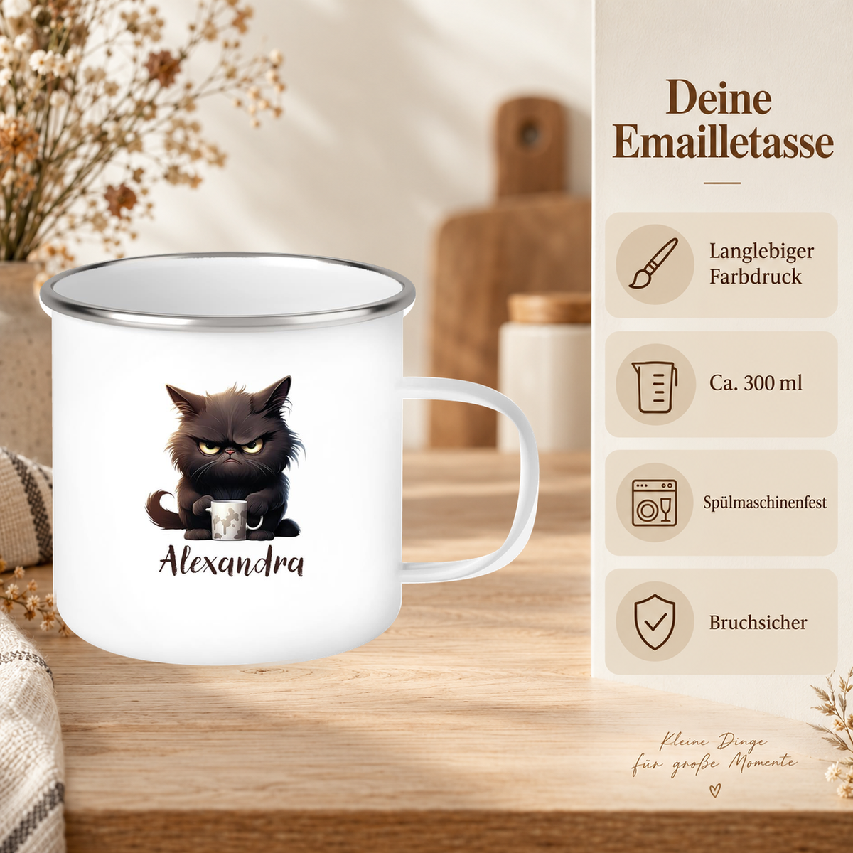 MUCKKI-PRO:bd9ee801071636990bfe91e4bbd9760900848274a36c1a97d022feace9798615:Tasse Katze Grumpy 1 Wunschname Kinderbecher personalisiert Emaille