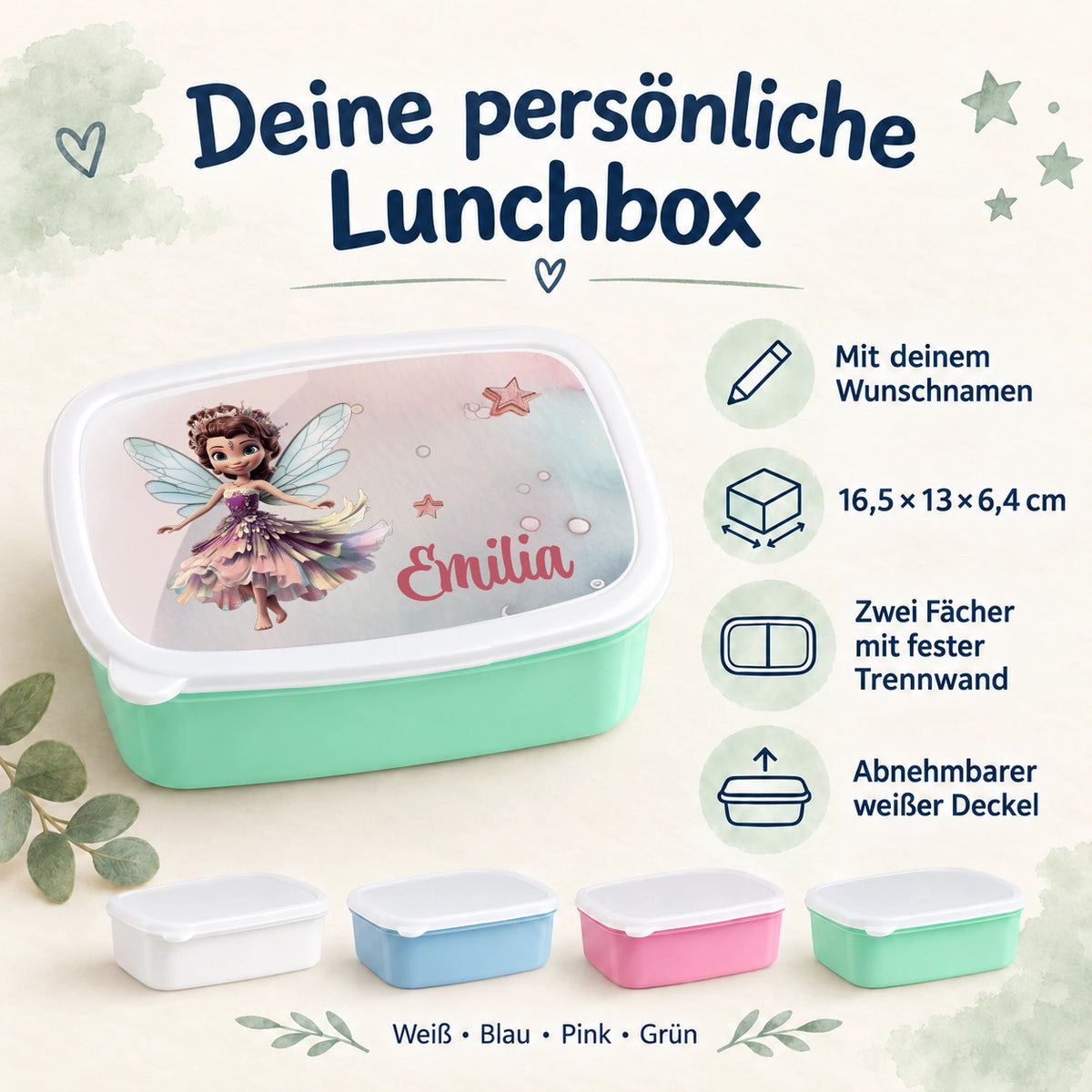 MUCKKI-PRO:d6cefa4316583fe495f65fa1c43695802f743f74ea3041e5bec86a0464ac3010:Brotdose mit Namen Fee 01 – Personalisierte Lunchbox für Schule & Kindergarten versch. Farben