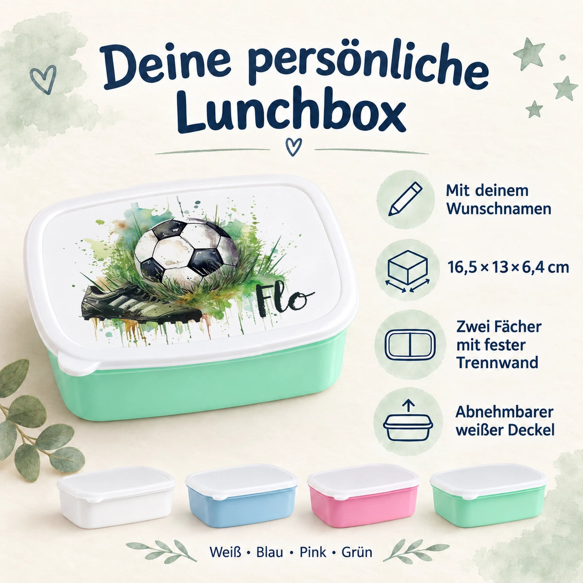MUCKKI-PRO:b5a72e7b475f0c1f1fa7ac148f3d444034b65a71231980bad6dbc02eaeb076a9:Brotdose mit Namen Fußball 04 – Personalisierte Lunchbox für Schule & Kindergarten versch. Farben