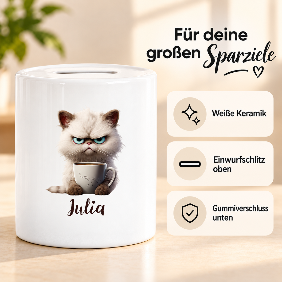 MUCKKI-PRO:29ed57e98b73b6976fbb2690cb00950ca8a472bfad9e6909c726f57fd4f01452:Spardose Katze Grumpy 2 Wunschname personalisiert