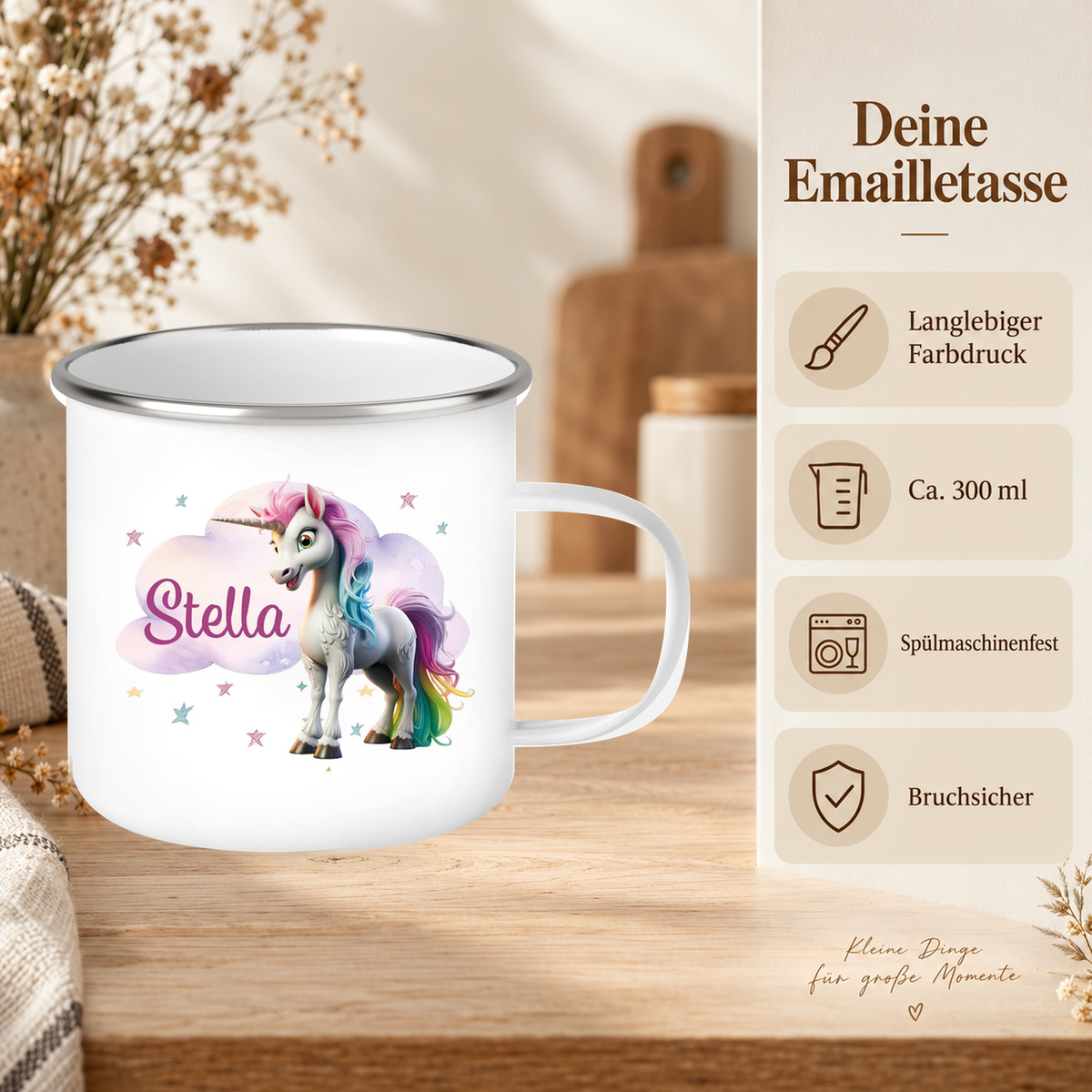 MUCKKI-PRO:e16dbd358da4b133b43f5def0ef02757d9fe609445ce32e4d5cdf04acedf4e37:Tasse Einhorn Wolke 4 Wunschname Emaille Kinderbecher personalisiert