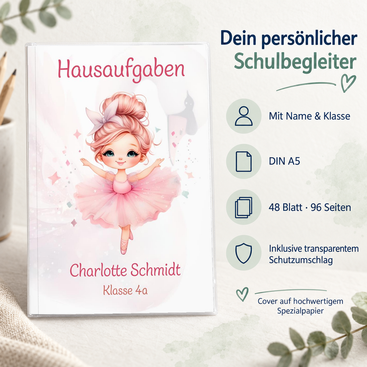 Hausaufgabenheft Ballerina 1 DIN A5 - 48 Blatt mit Name und Klasse