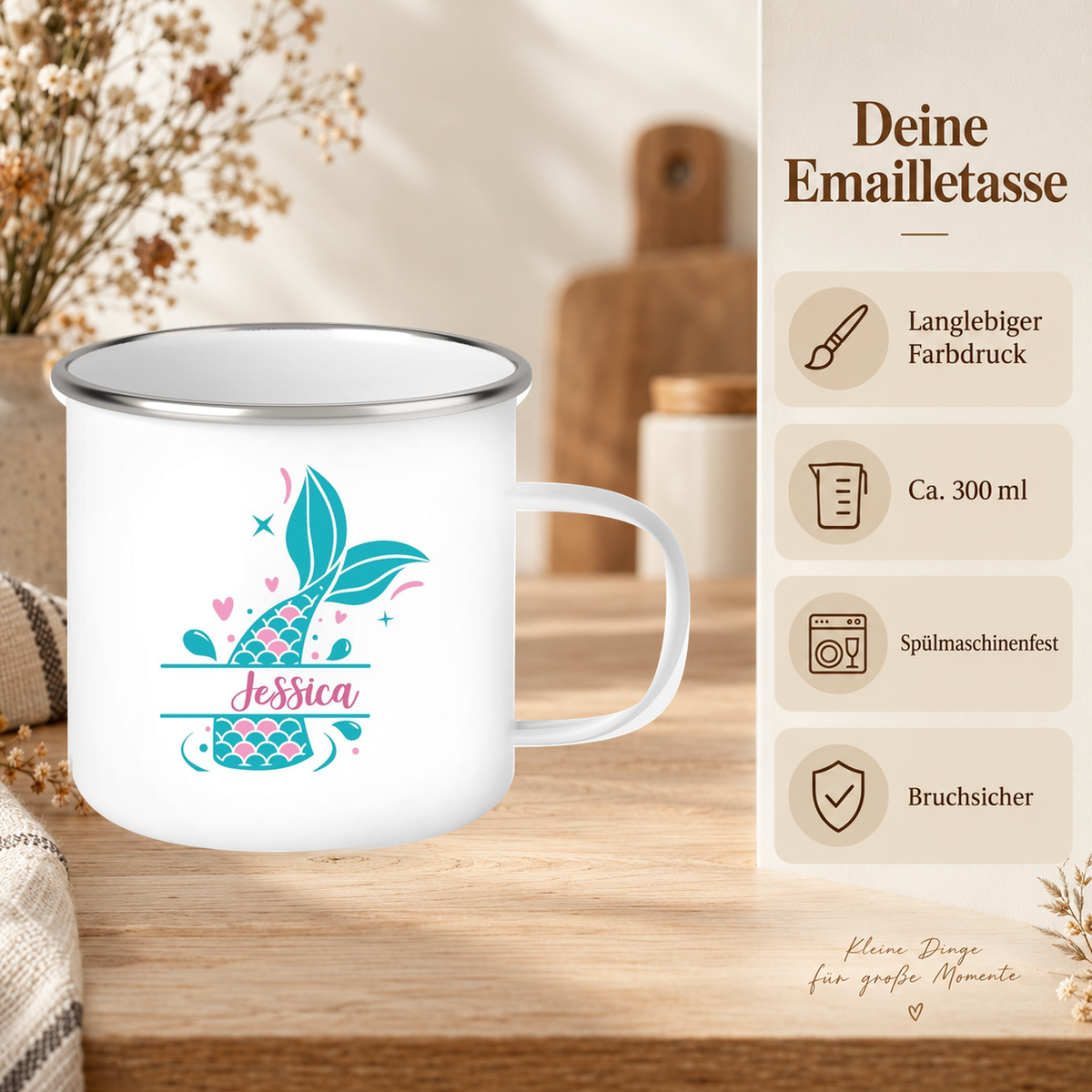 MUCKKI-PRO:96e7c8ae15c54edb82d26652a1d5cf4c24bc4175d9051225e2c07203c035a2b8:Tasse Meerjungfrau-Flosse 1 Wunschname Emaille Kinderbecher personalisiert