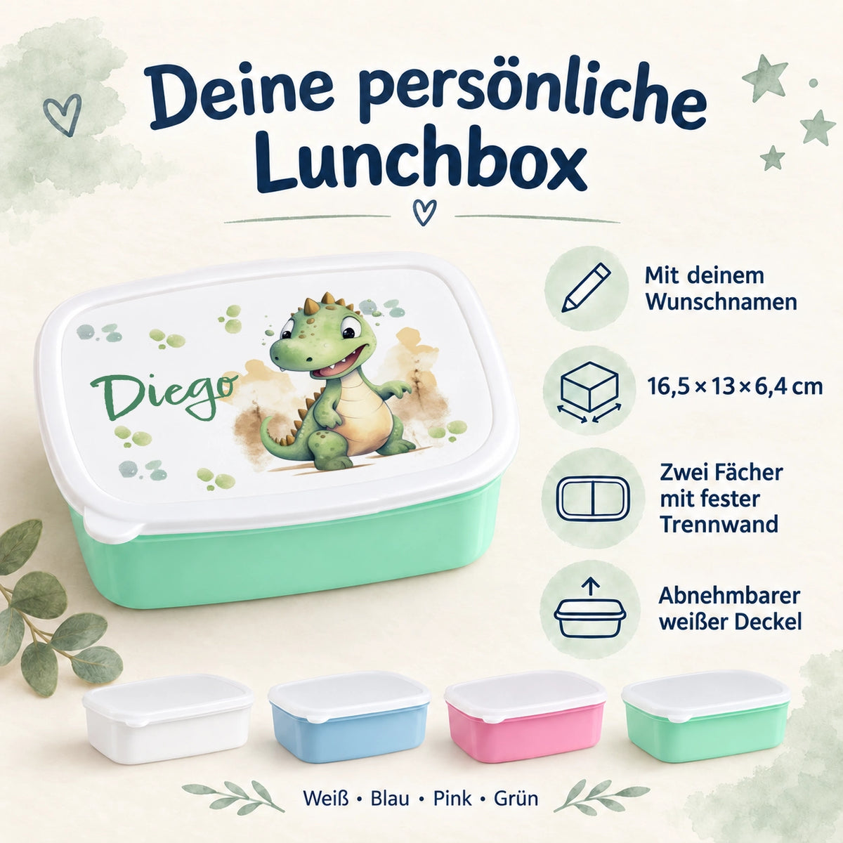 MUCKKI-PRO:7c6fd52eb8fd0d72d83cfe6d6a3ca058cb0b7cce41a46828576e1f0360ef66ac:Brotdose mit Namen Dino 01 – Personalisierte Lunchbox für Schule & Kindergarten versch. Farben