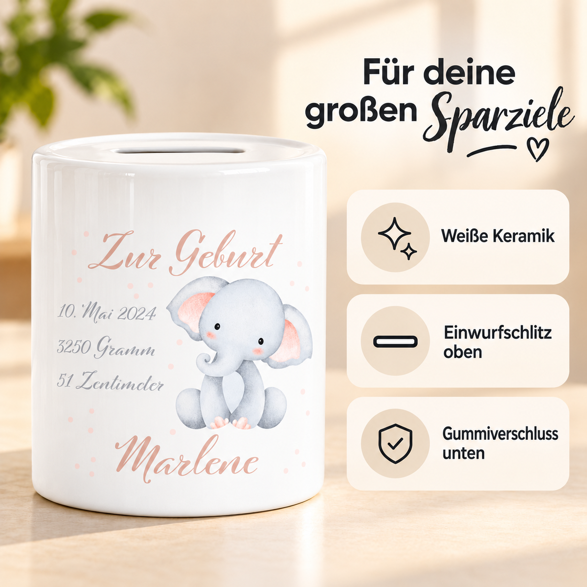 MUCKKI-PRO:ea4ca118ee3ac04399995ef70c1fdd21b734ac9901b0f3aaf8279b9a282929ae:Spardose mit Wunschname Geburt Elefant 1 personalisiert