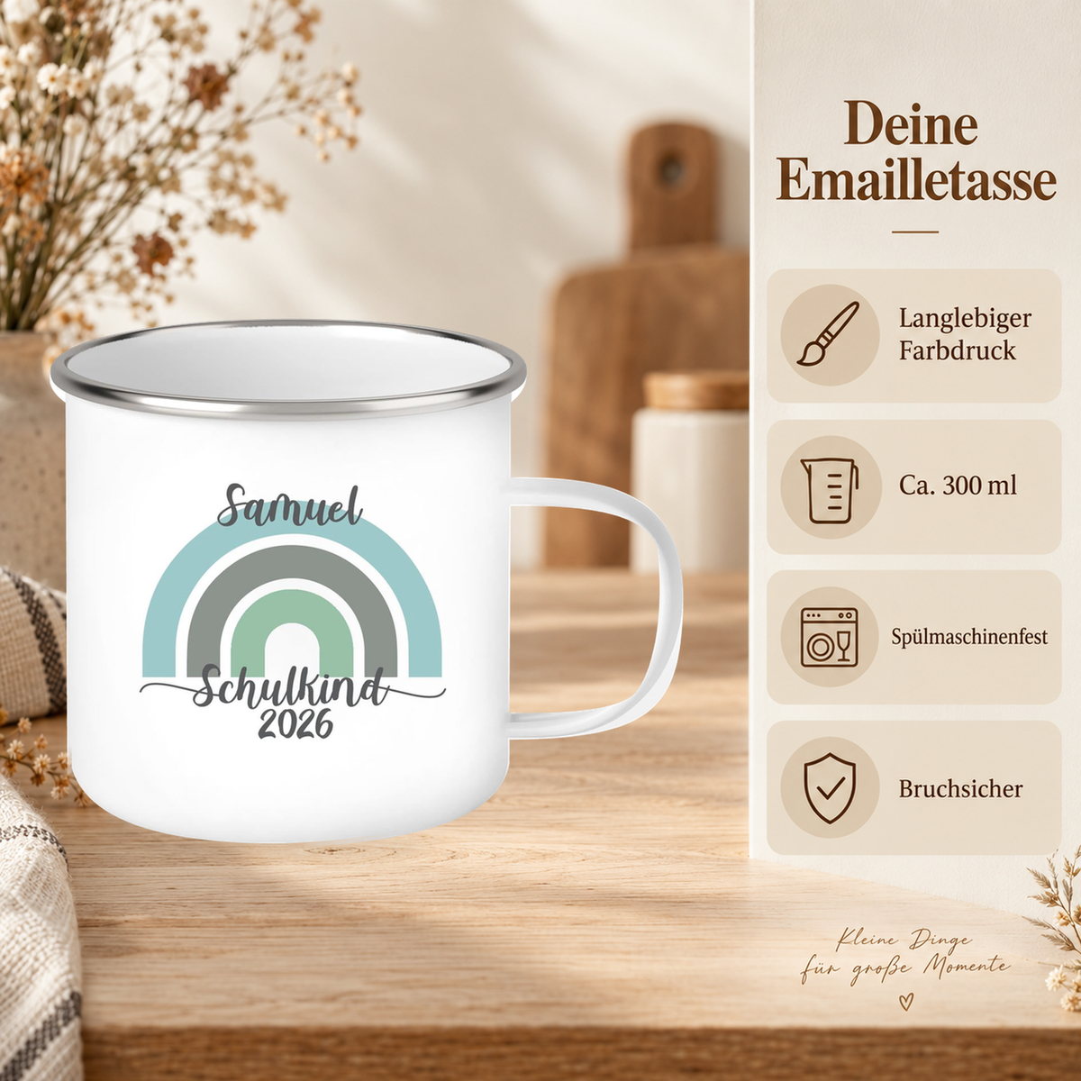 MUCKKI-PRO:83dbe3ee73cab5a49acb1edf53eebbb5da46ba293721c3918e1ebd65bac65cb9:Tasse Schulkind 05 Wunschname Rainbow Emaille Kinderbecher Personalisiert