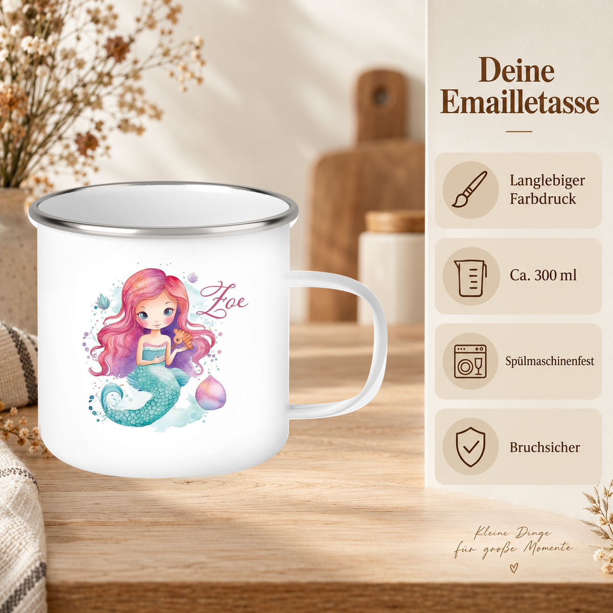MUCKKI-PRO:6a876d4f63f08829de38317d9f8cfbe42e583f58e5db41d965ff98893ff7bca5:Tasse Wunschname Meerjungfrau 1 Emaille Kinderbecher
