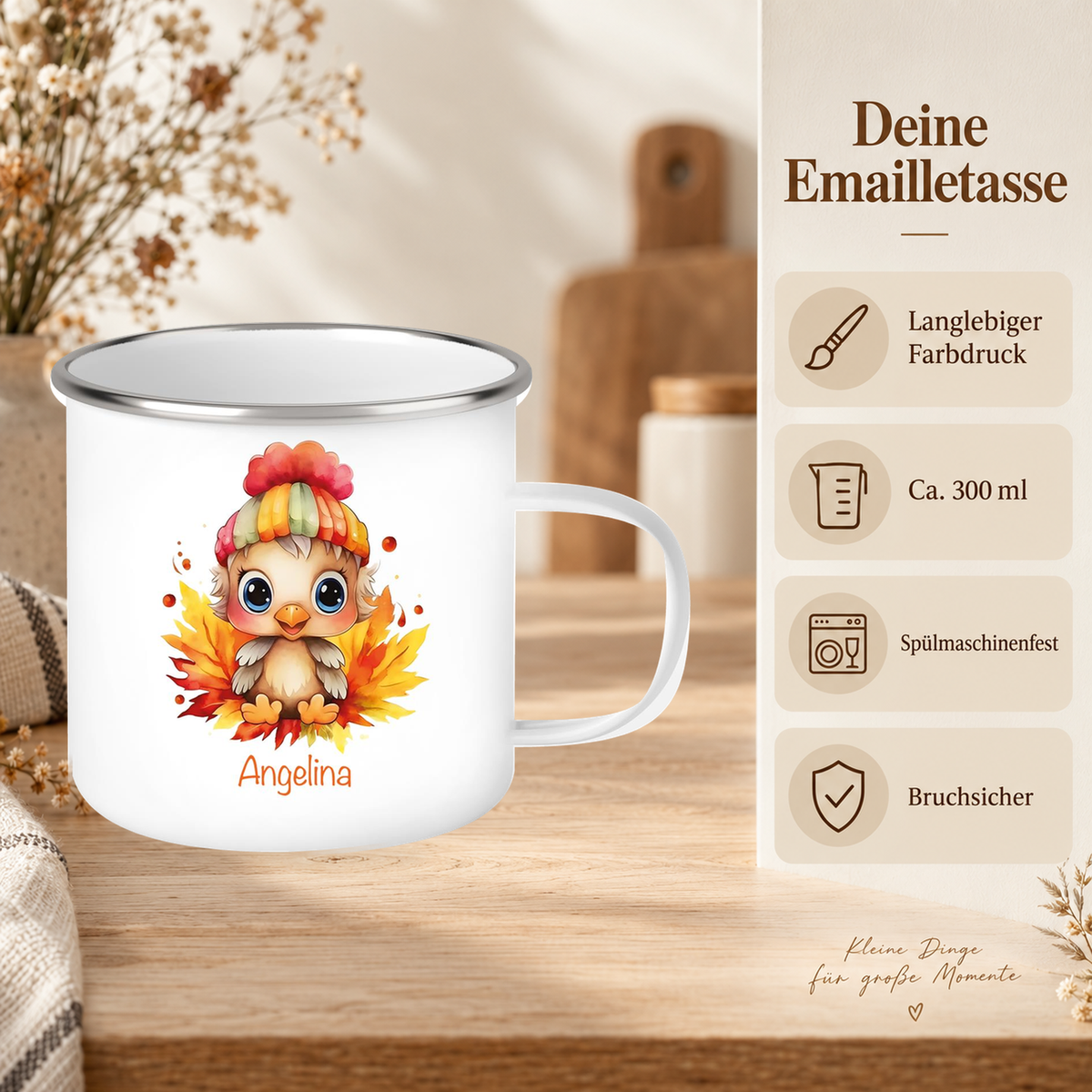 MUCKKI-PRO:5c458c647098c55ac05135679f9f5d09a3e462597079f4a3100de2b90467a8f5:Tasse Wunschname Küken 1 Emaille Kinderbecher personalisiert