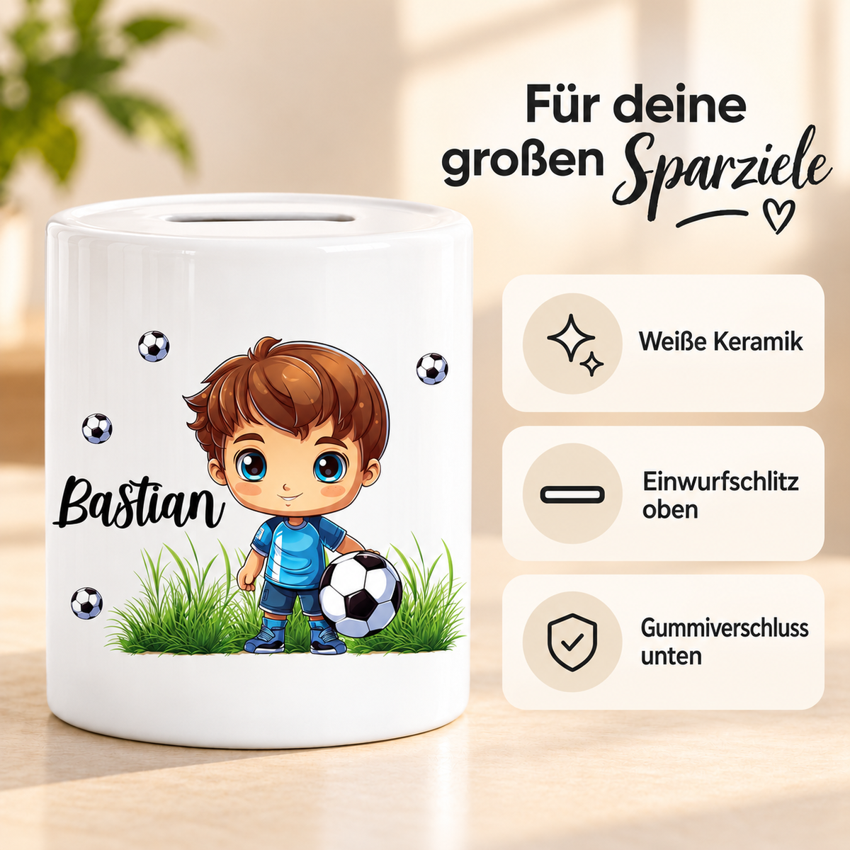 MUCKKI-PRO:d9d6091e5e04dc92c6bd63518c62753d74b0ee01c500928c0af5cb3238fd17b0:Spardose mit Wunschname Fußball 6 personalisiert