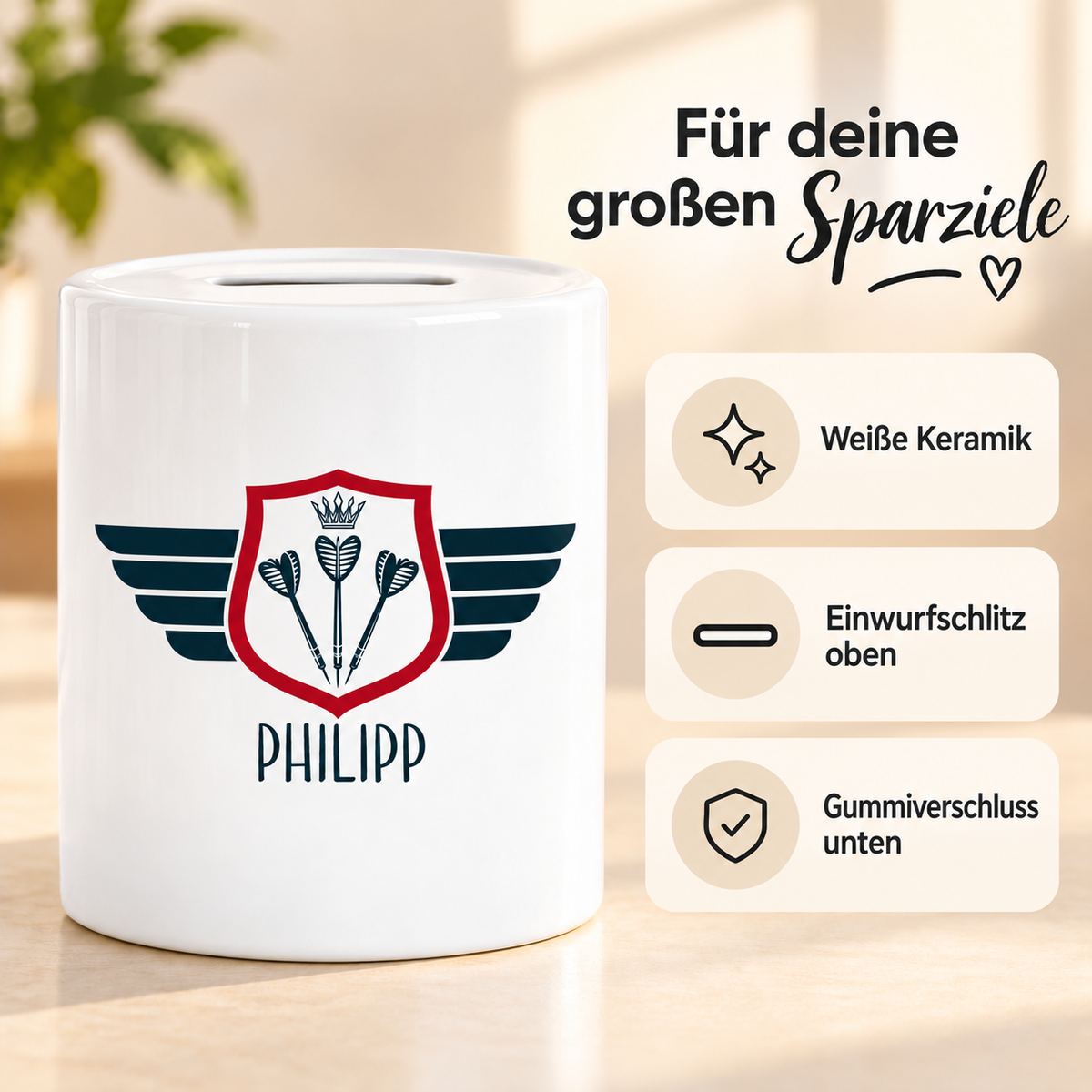 MUCKKI-PRO:50b1e214d2030a885fa8bf5b21484f389b1816e9c8d8bb33a040a9816237d27f:Spardose mit Wunschname Dart 2 personalisiert
