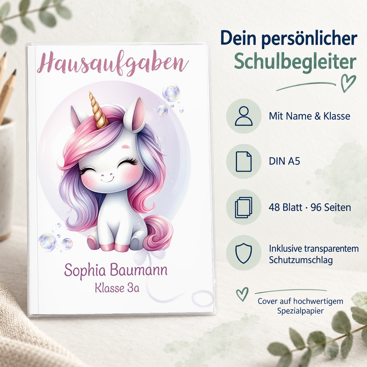 Hausaufgabenheft Einhorn 1 DIN A5 - 48 Blatt mit Name und Klasse