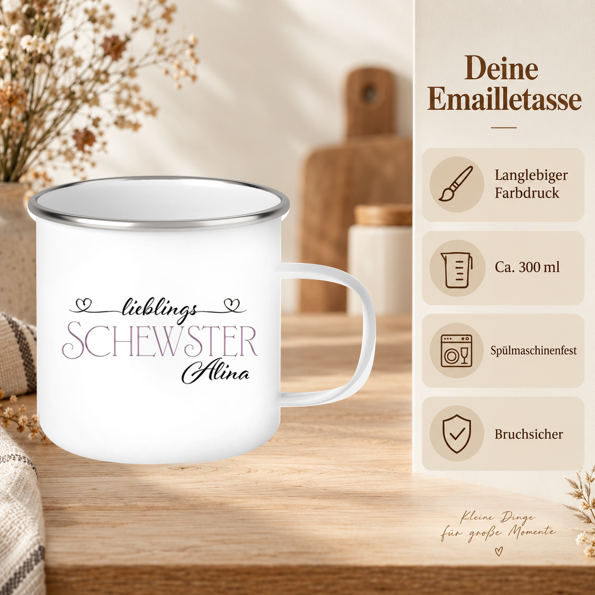 MUCKKI-PRO:c586538c80465be0e11655a42dc01d3f38f1aac9aca8d358738a28016c848d2c:Tasse Wunschname Lieblings-Schwester 1 Emaille personalisiert