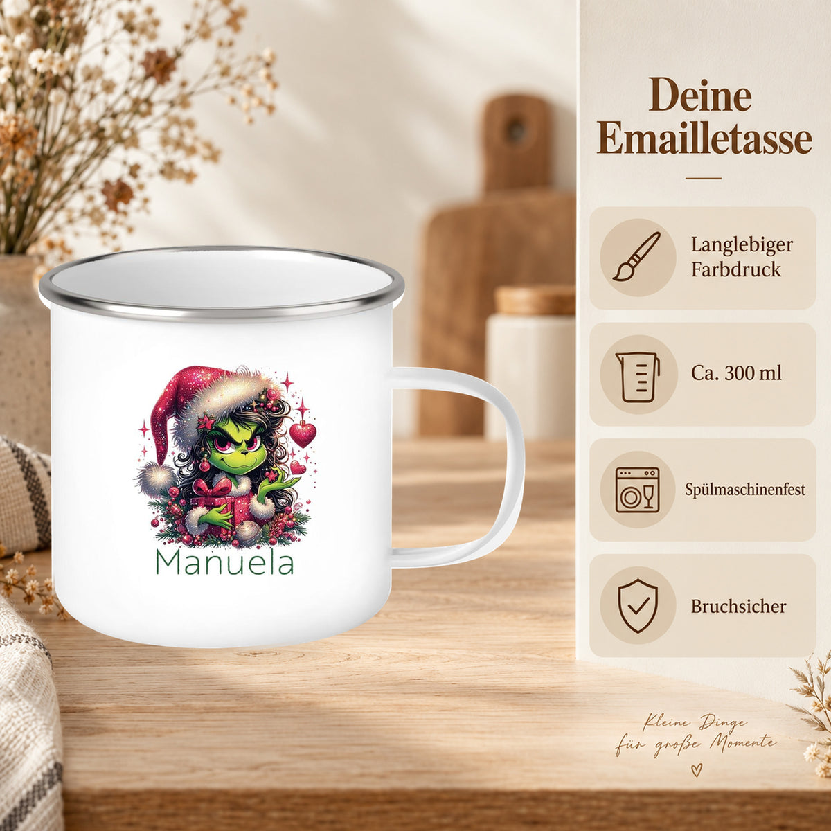 MUCKKI-PRO:02ad06191cdbbb5bb8ef168cfd2782d0fc2bca2356ec20a8c3a4a15047249304:Tasse Wunschname Weihnachten Lady-Grinch 2 Emaille Kinderbecher