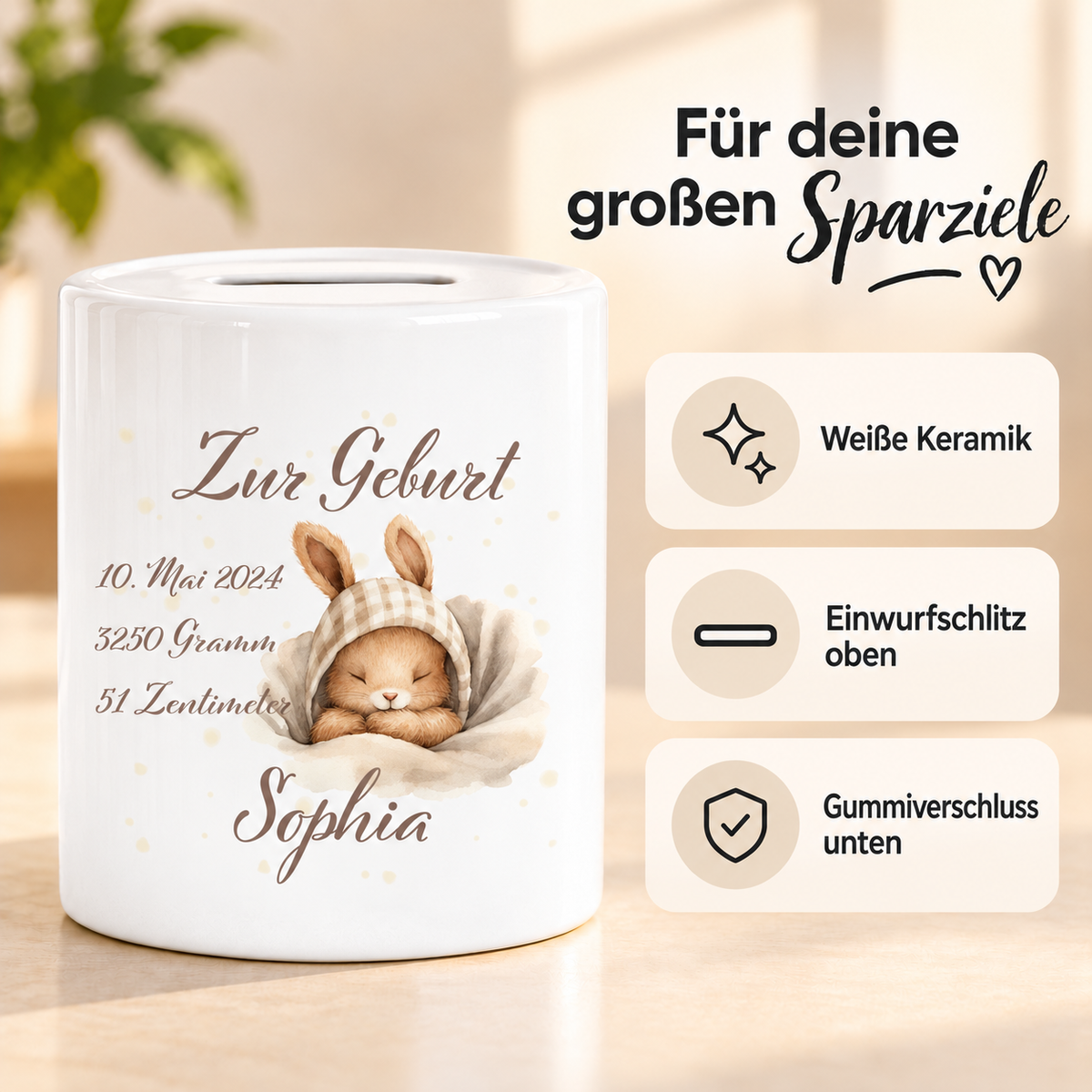 MUCKKI-PRO:67dc790cceed4b6f3414b26945eab80e571d4ad40a0f706443c79eacfc1b7056:Spardose mit Wunschname Geburt Hase 1 personalisiert