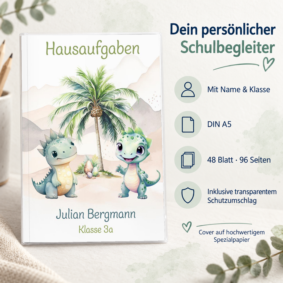 Hausaufgabenheft Dino 1 DIN A5 - 48 Blatt mit Name und Klasse